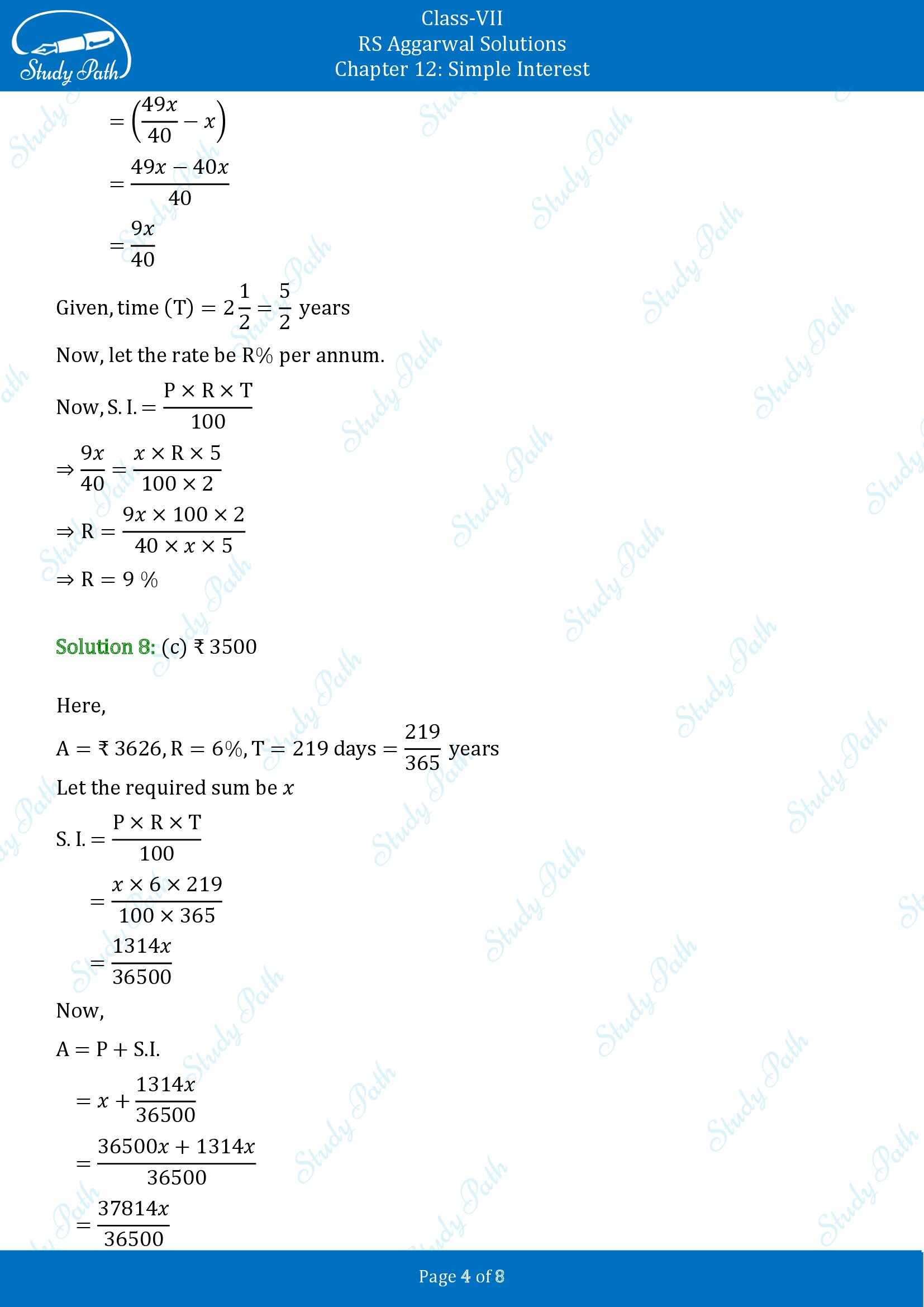 RS Aggarwal Solutions Class 7 Chapter 12 Simple Interest Test Paper 00004