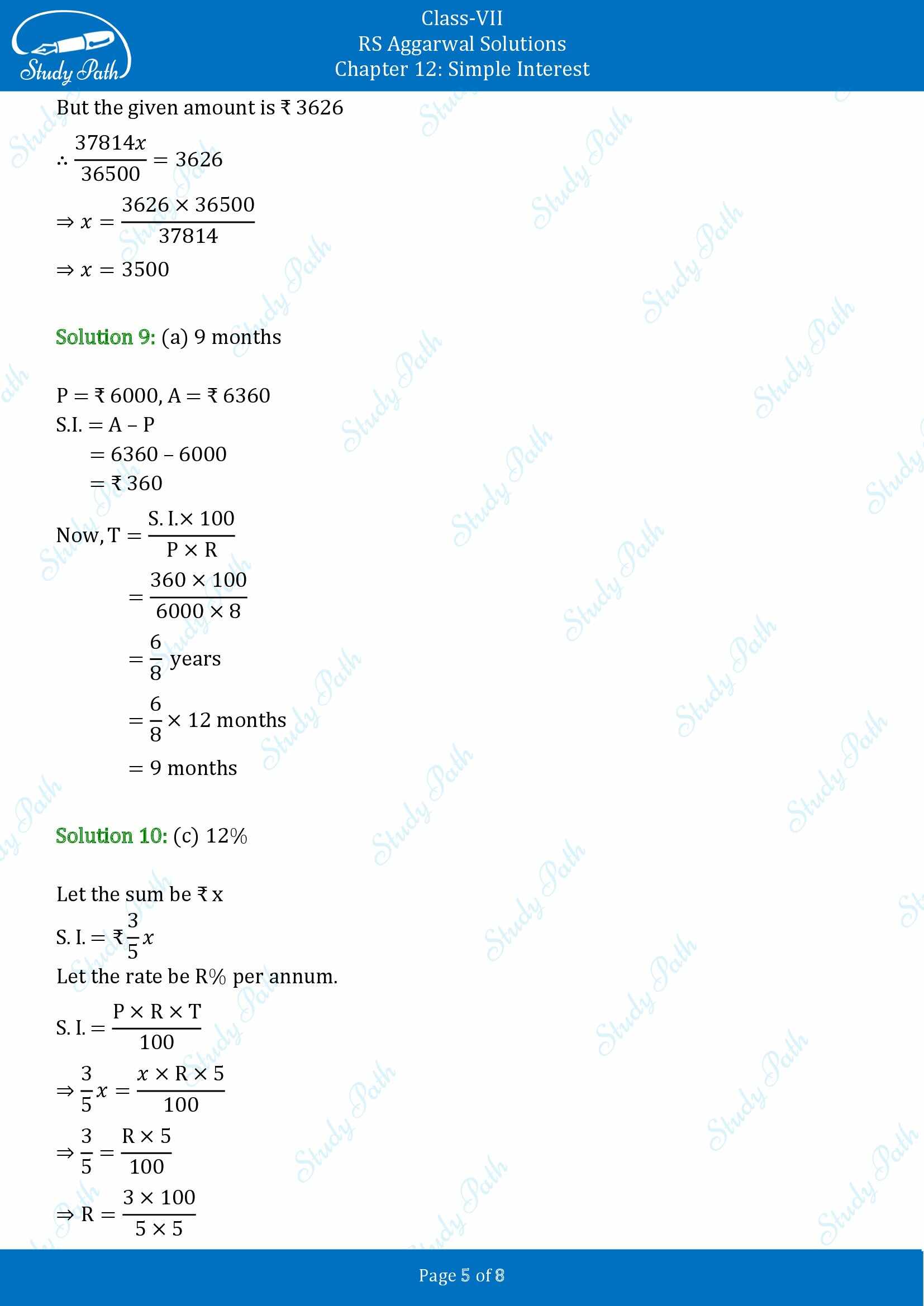 RS Aggarwal Solutions Class 7 Chapter 12 Simple Interest Test Paper 00005