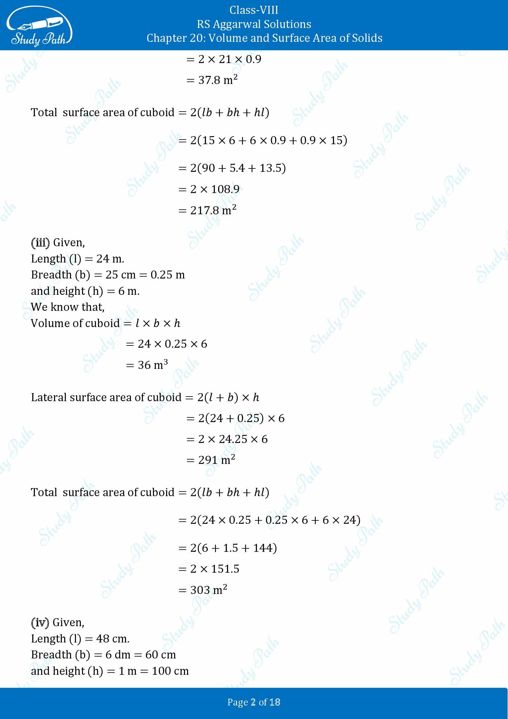 RS Aggarwal Solutions Class 8 Chapter 20 Volume and Surface Area of Solids Exercise 20A 00002