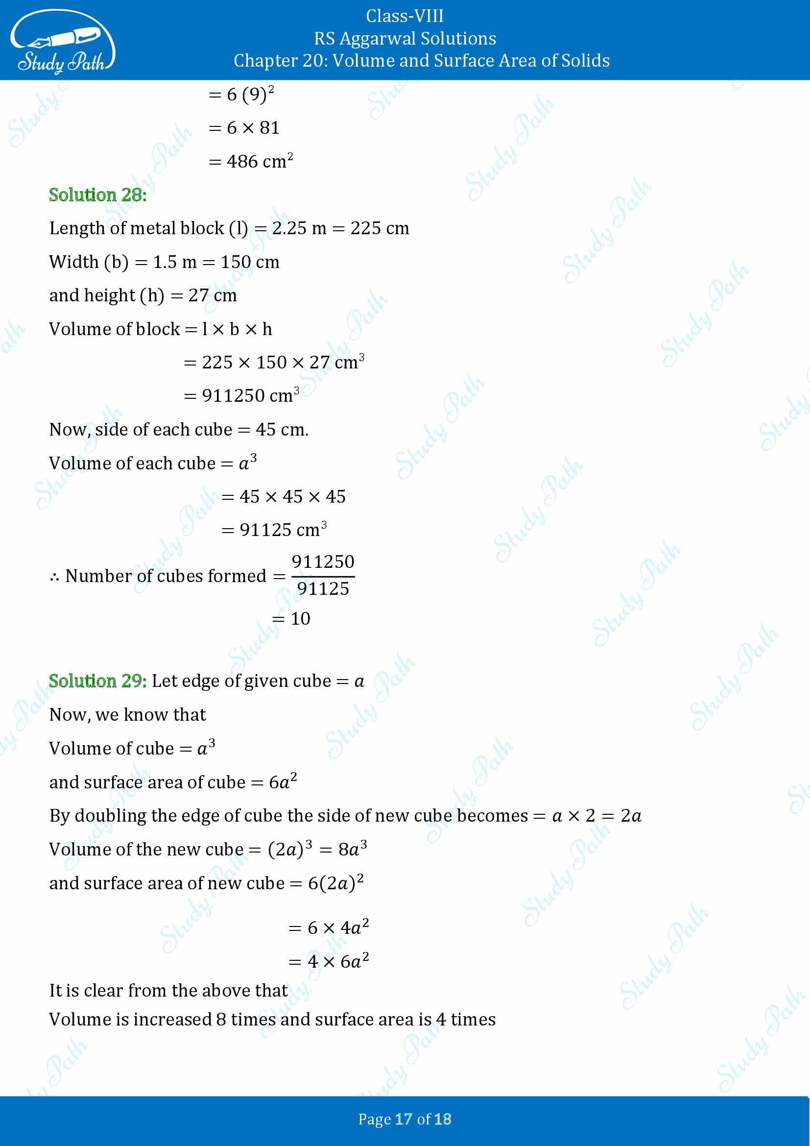 RS Aggarwal Solutions Class 8 Chapter 20 Volume and Surface Area of Solids Exercise 20A 00017