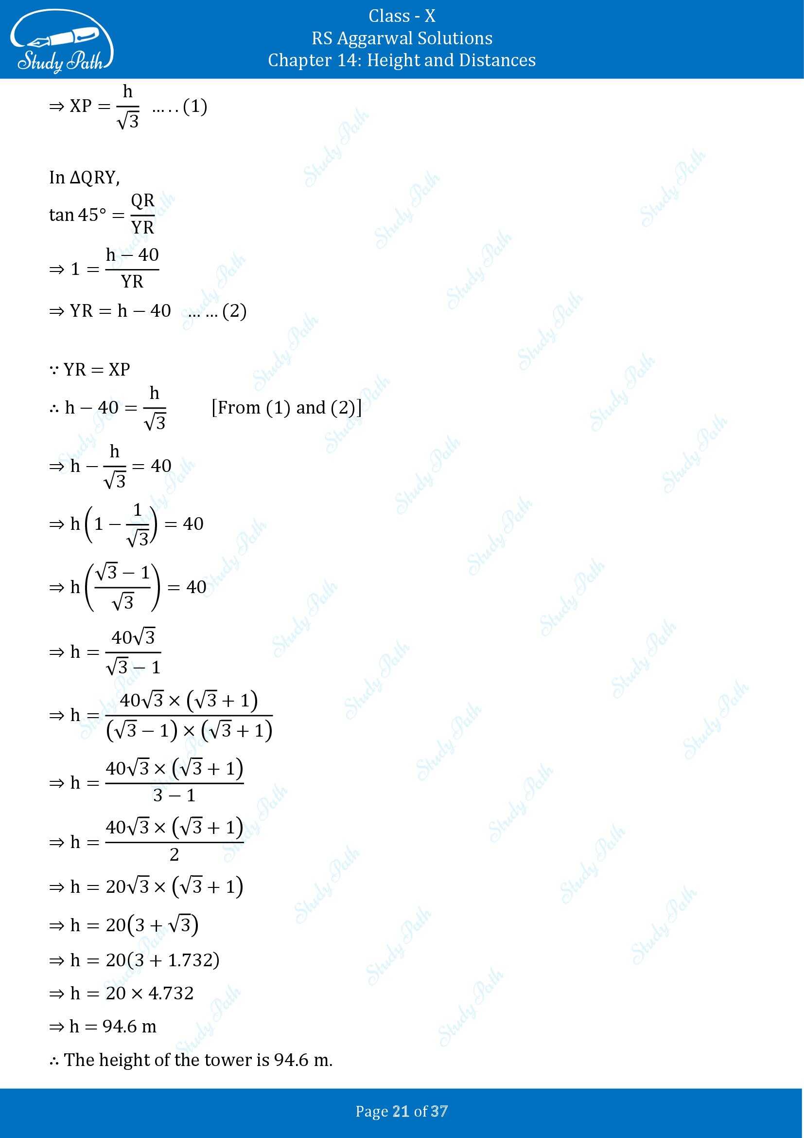 RS Aggarwal Solutions for Class 10 Chapter 14 Height and Distances Exercise 14 00021