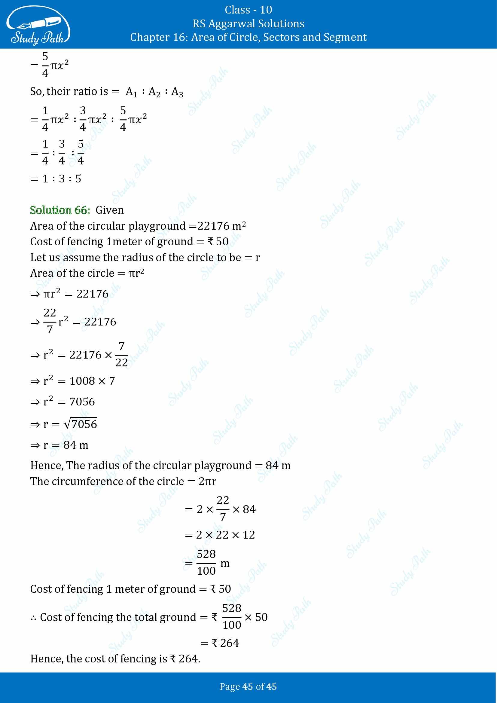 RS Aggarwal Solutions for Class 10 Chapter 16 Area of Circle Sector and Segment Exercise 16A 00045