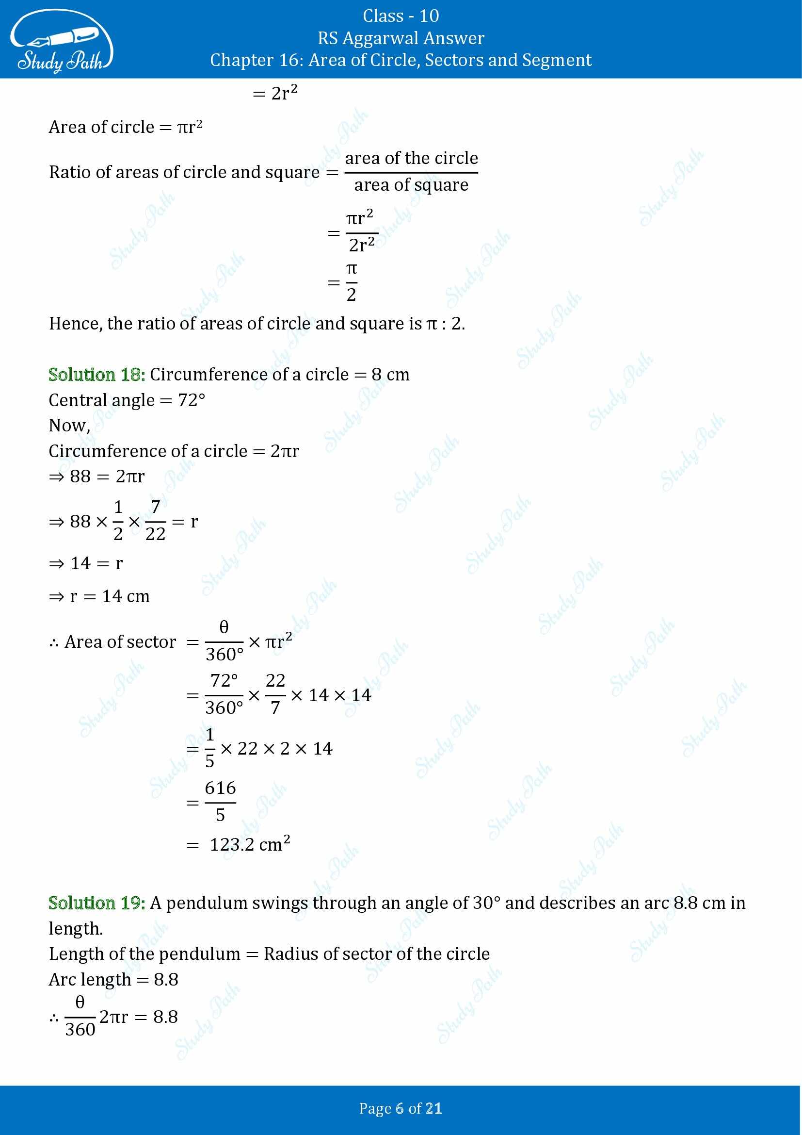 RS Aggarwal Solutions for Class 10 Chapter 16 Area of Circle Sector and Segment Exercise 16B 00006