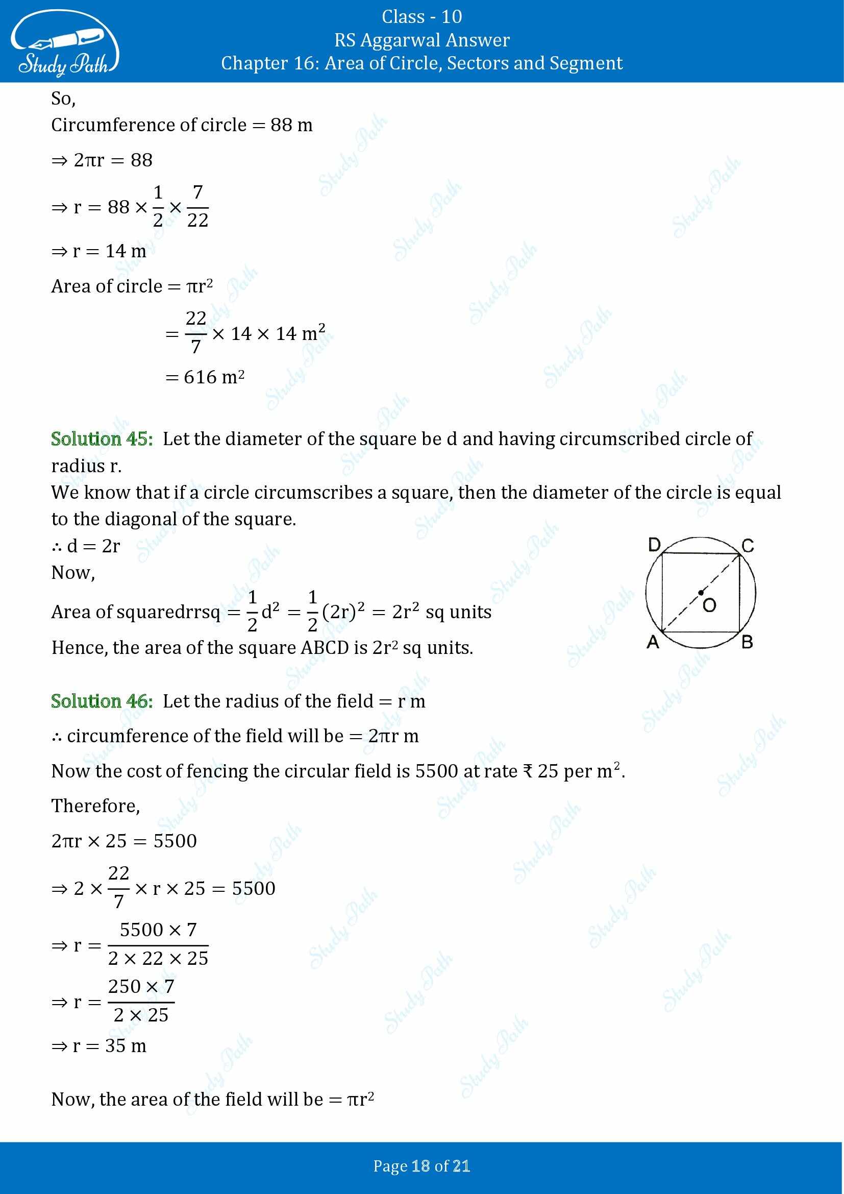 RS Aggarwal Solutions for Class 10 Chapter 16 Area of Circle Sector and Segment Exercise 16B 00018