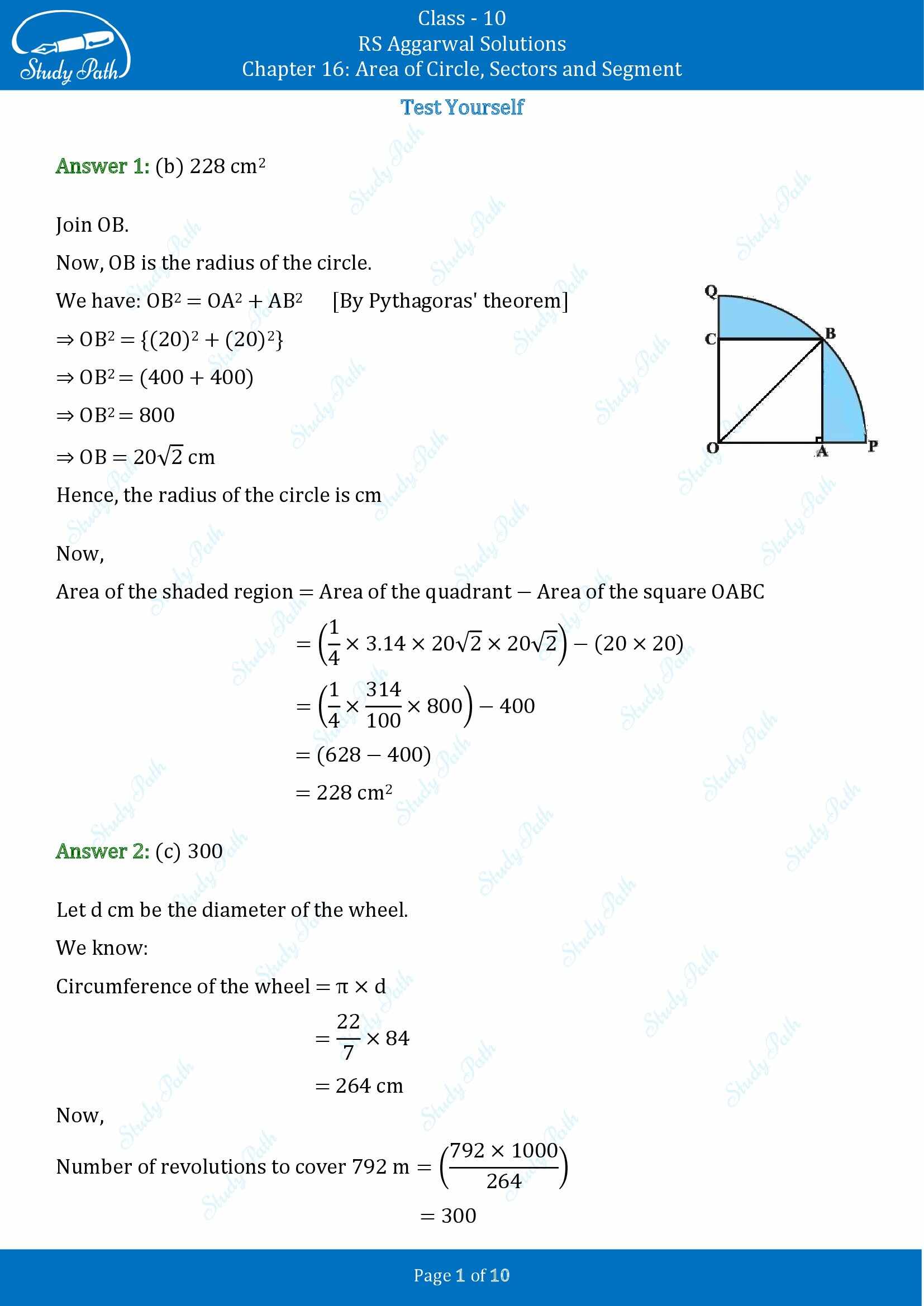 RS Aggarwal Solutions for Class 10 Chapter 16 Area of Circle Sector and Segment Test Yourself 00001
