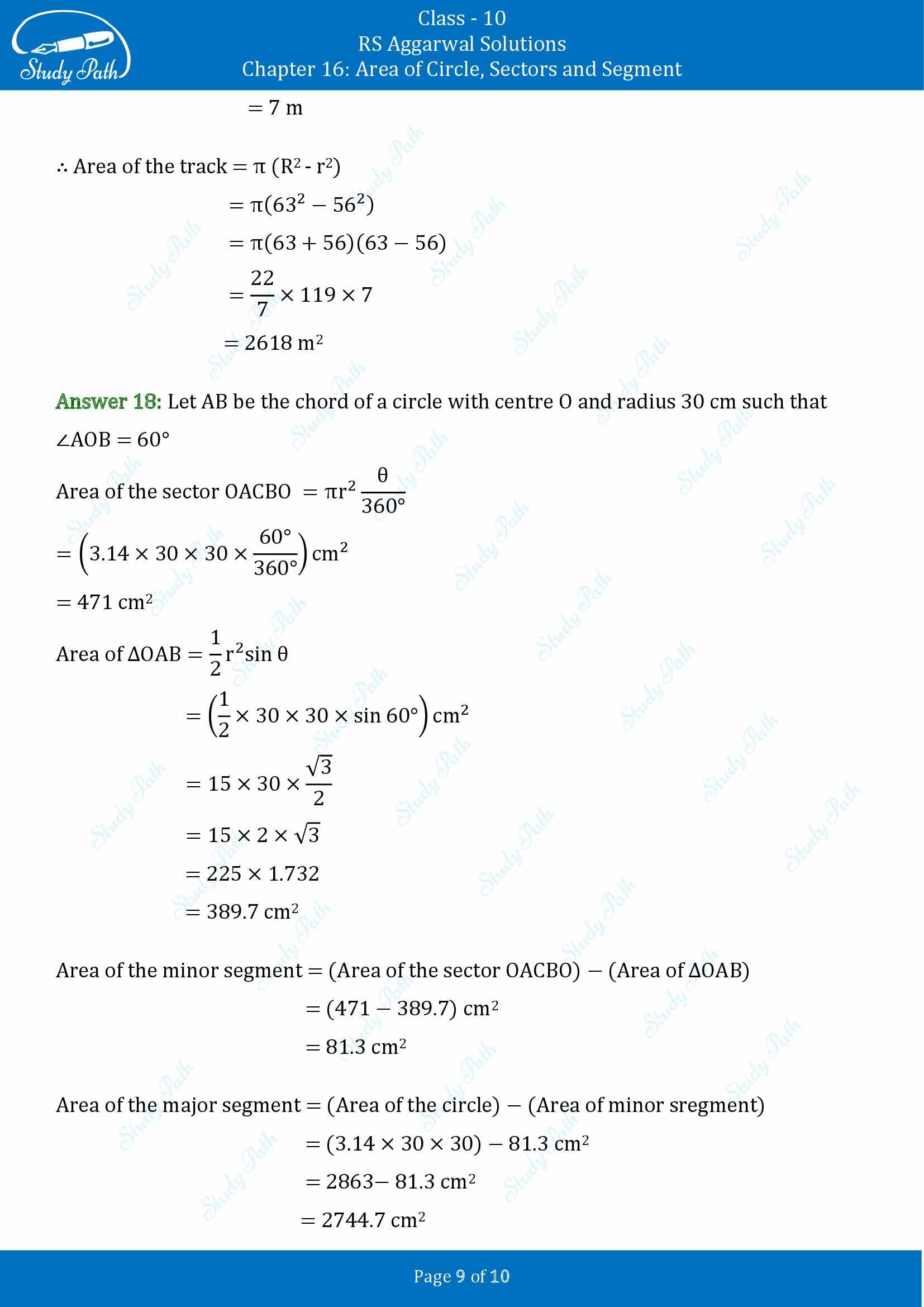 RS Aggarwal Solutions for Class 10 Chapter 16 Area of Circle Sector and Segment Test Yourself 00009