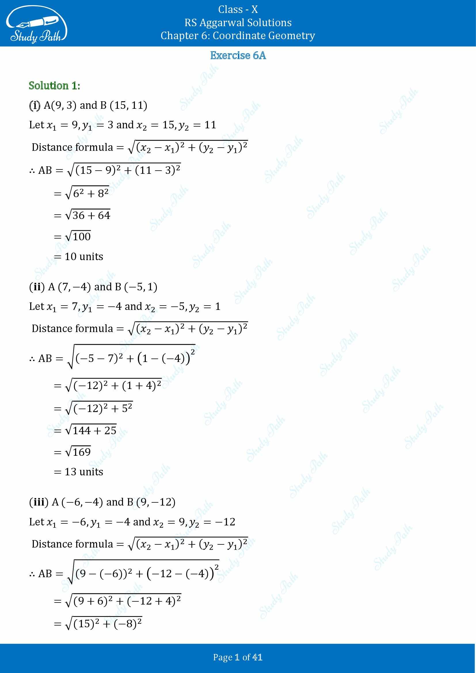 RS Aggarwal Solutions for Class 10 Chapter 6 Coordinate Geometry Exercise 6A 00001