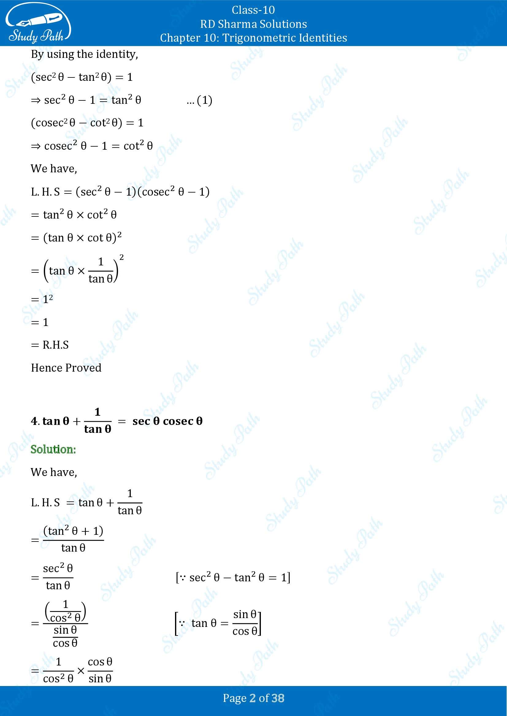RD Sharma Solutions Class 10 Chapter 10 Trigonometric Identities Exercise 10.1 00002