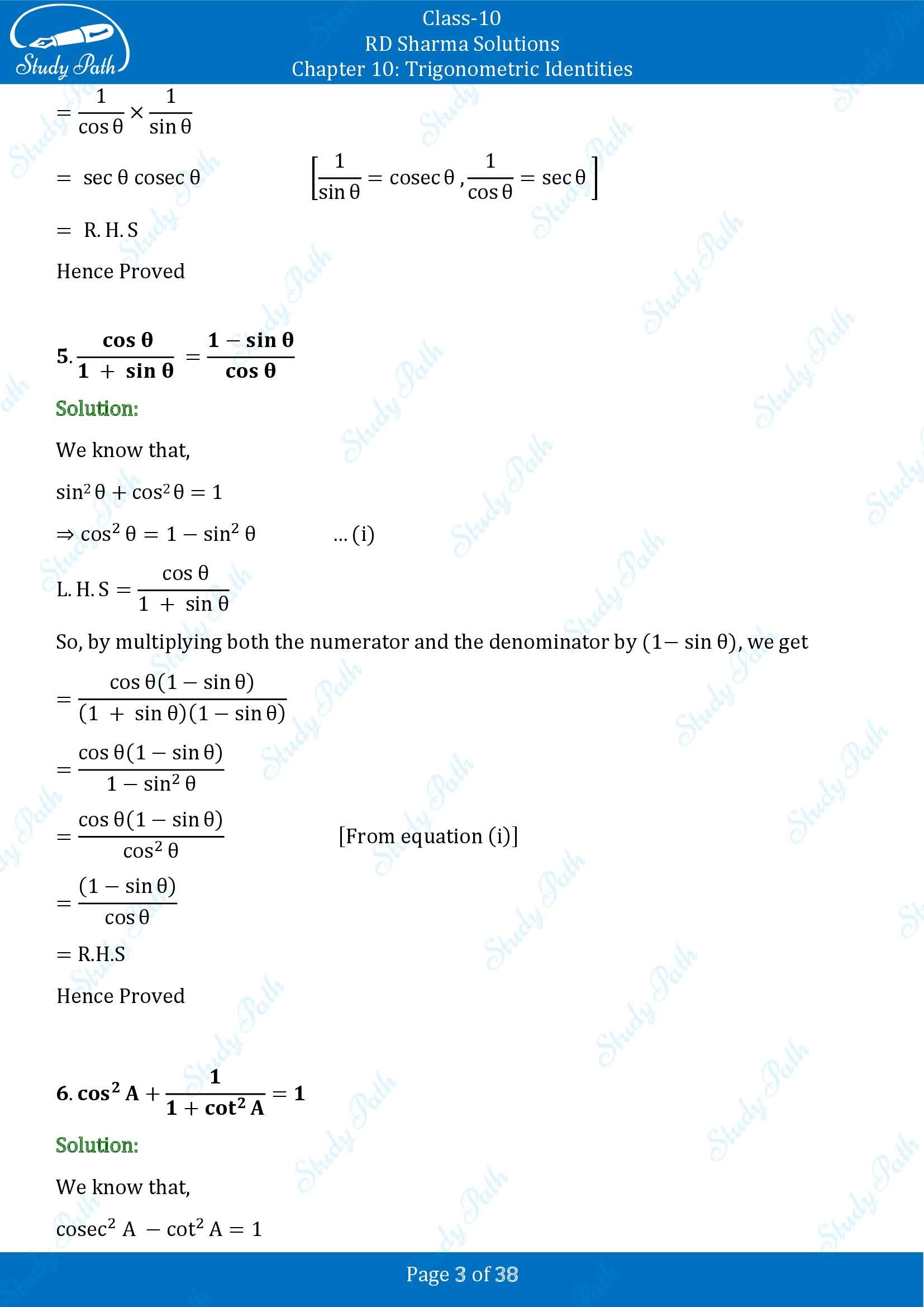 RD Sharma Solutions Class 10 Chapter 10 Trigonometric Identities Exercise 10.1 00003