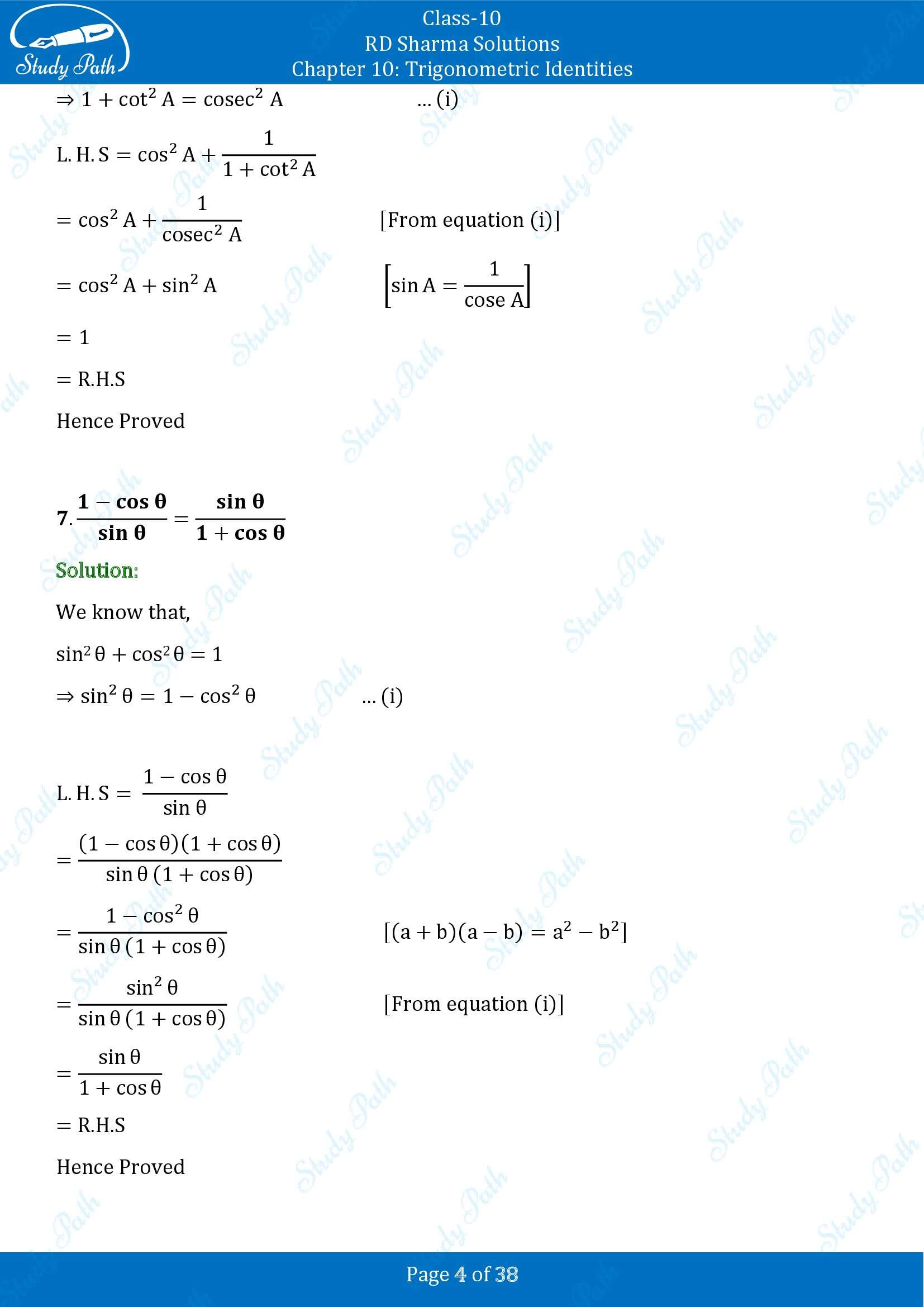 RD Sharma Solutions Class 10 Chapter 10 Trigonometric Identities Exercise 10.1 00004