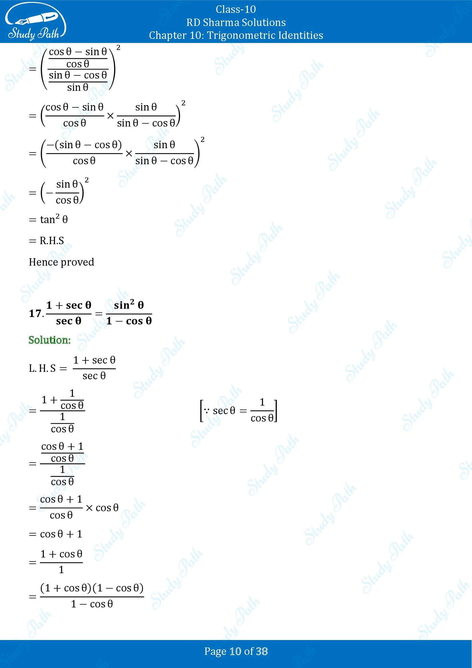 RD Sharma Solutions Class 10 Chapter 10 Trigonometric Identities Exercise 10.1 00010