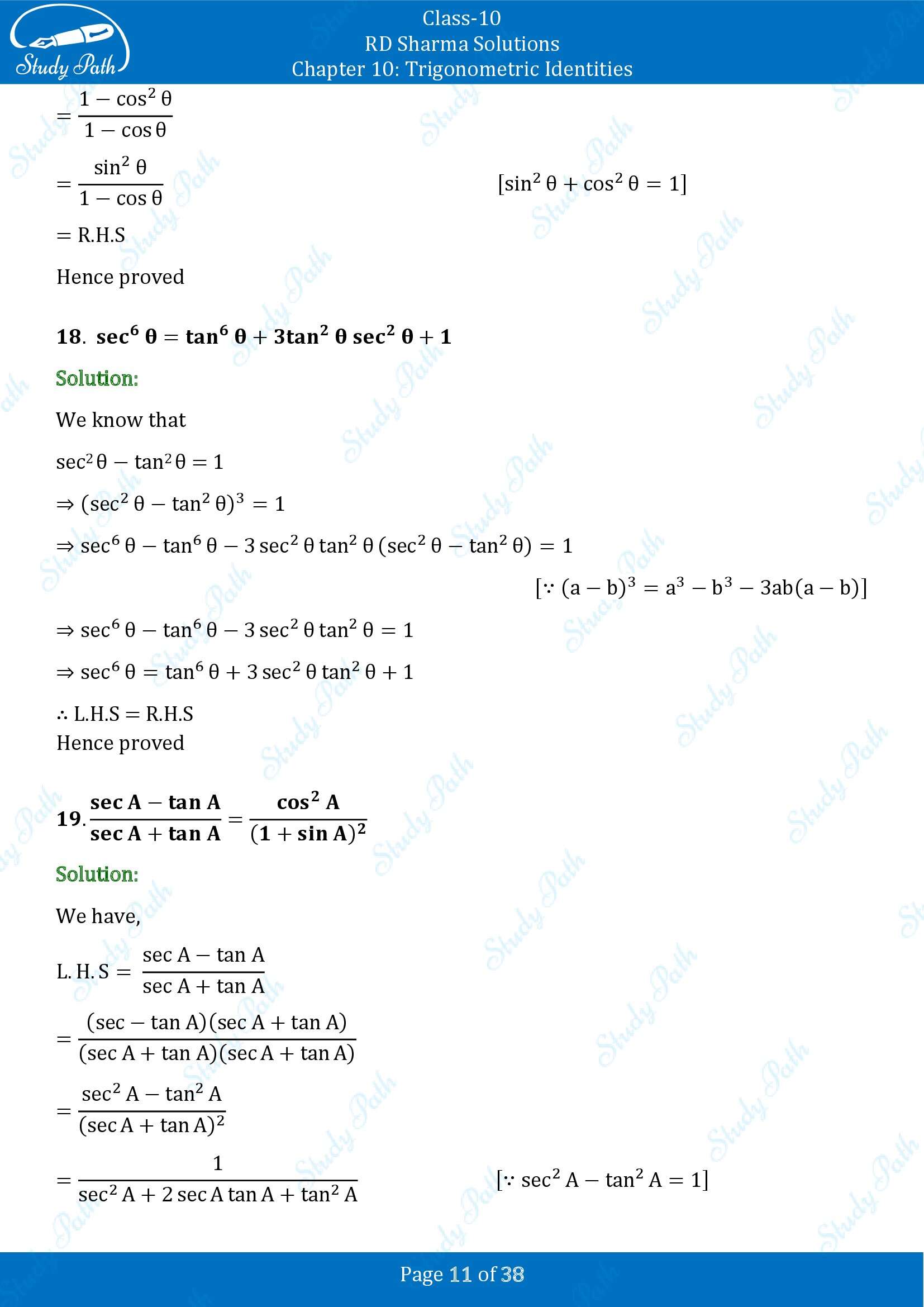 RD Sharma Solutions Class 10 Chapter 10 Trigonometric Identities Exercise 10.1 00011