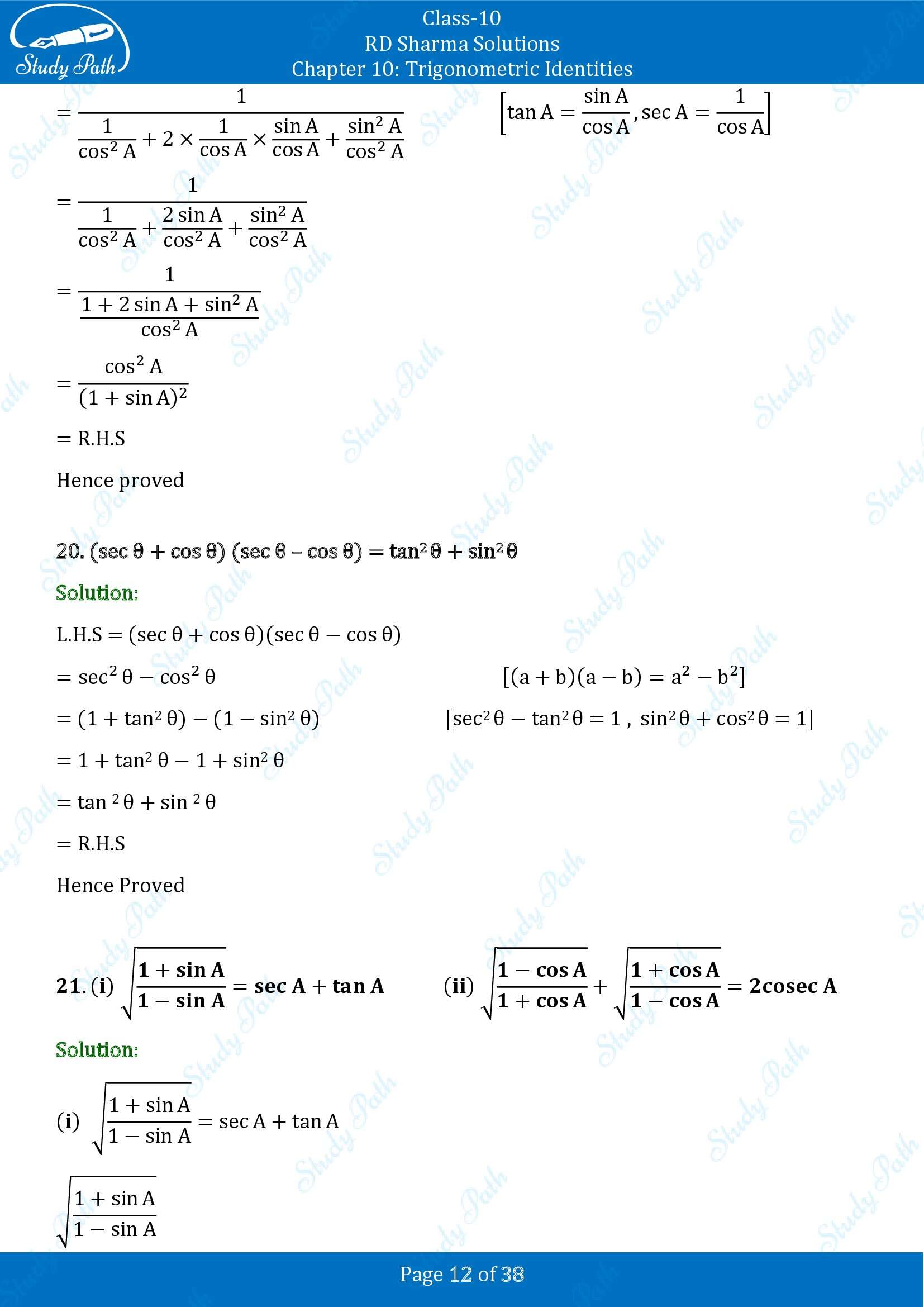 RD Sharma Solutions Class 10 Chapter 10 Trigonometric Identities Exercise 10.1 00012