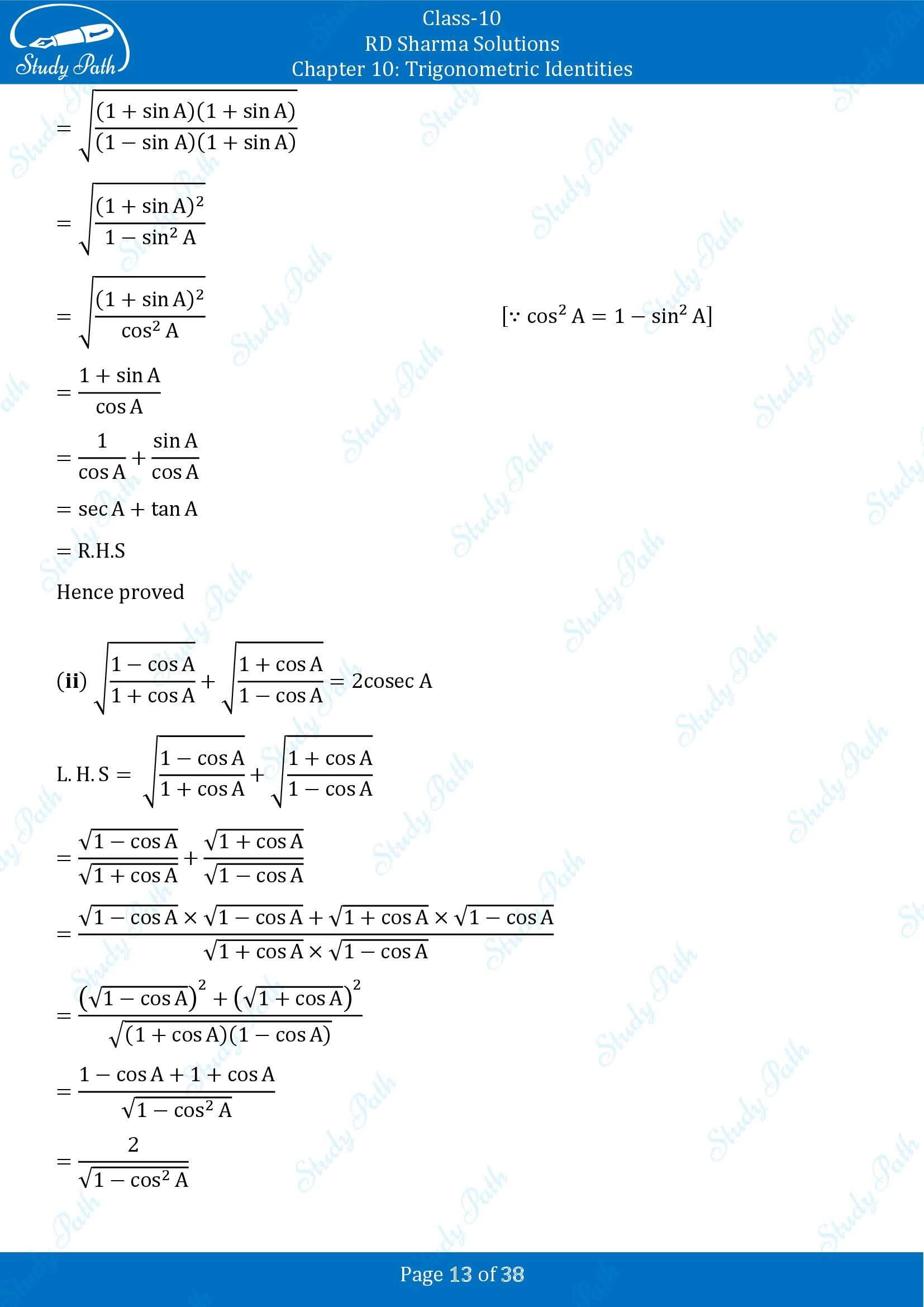 RD Sharma Solutions Class 10 Chapter 10 Trigonometric Identities Exercise 10.1 00013