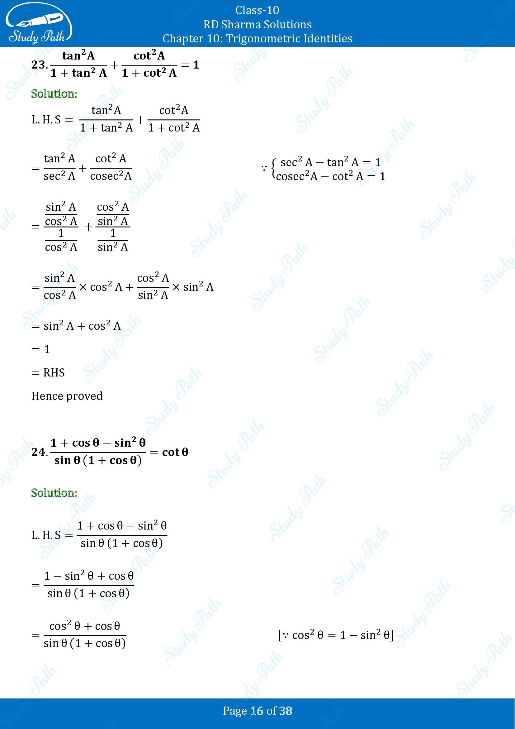 RD Sharma Solutions Class 10 Chapter 10 Trigonometric Identities Exercise 10.1 00016
