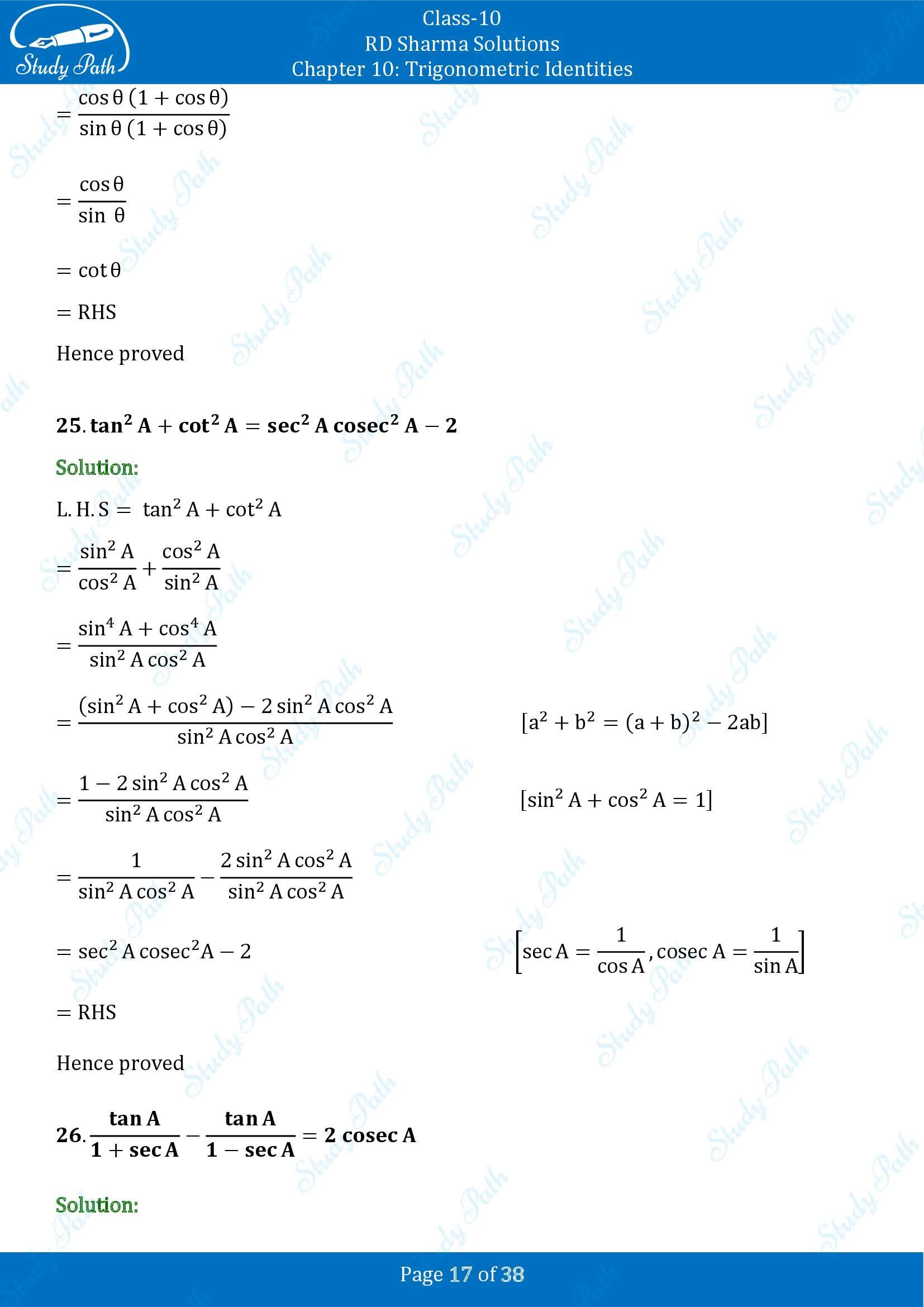 RD Sharma Solutions Class 10 Chapter 10 Trigonometric Identities Exercise 10.1 00017