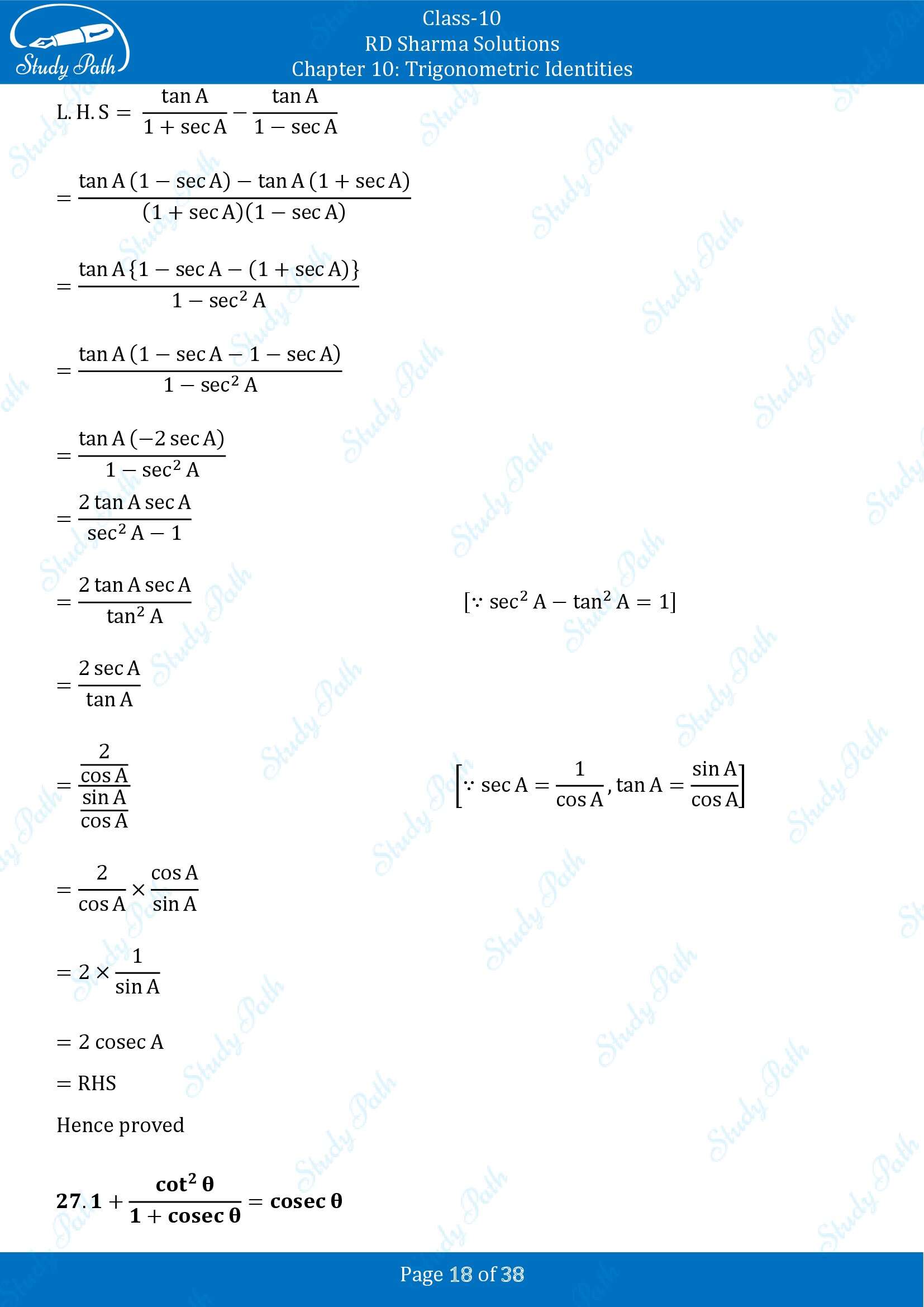 RD Sharma Solutions Class 10 Chapter 10 Trigonometric Identities Exercise 10.1 00018
