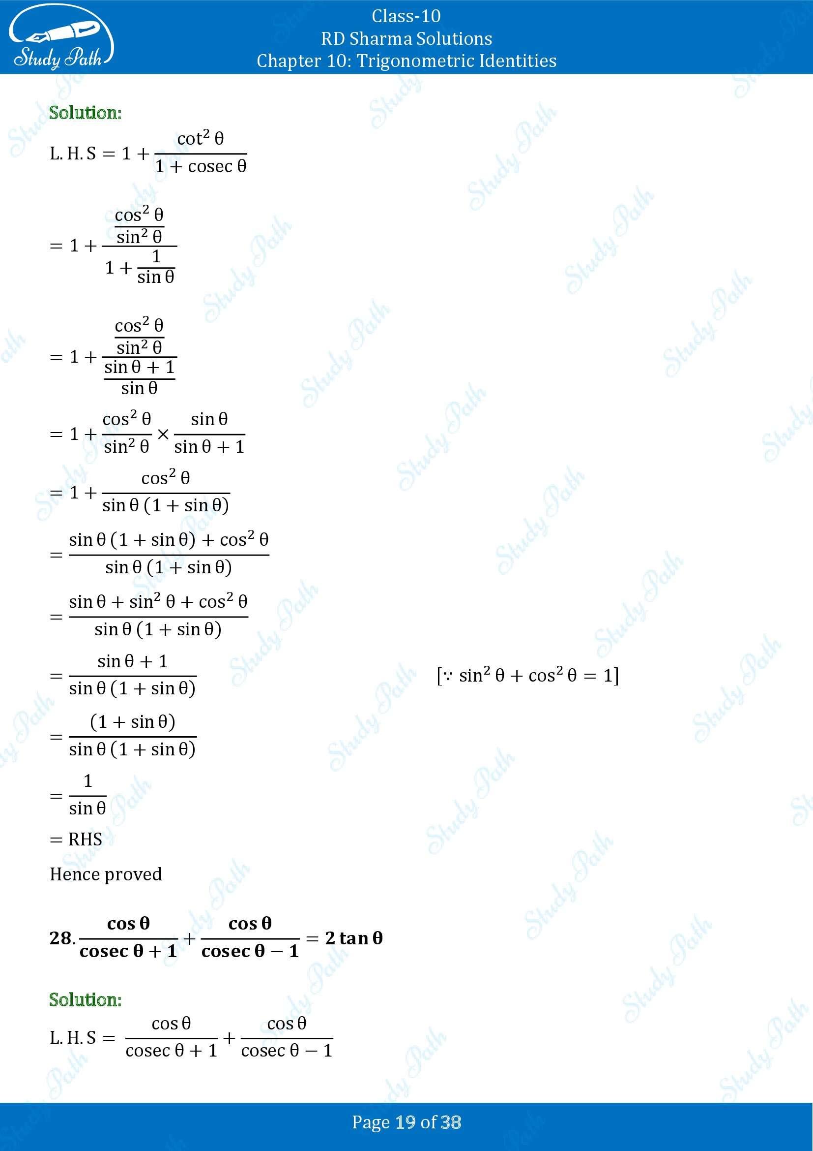 RD Sharma Solutions Class 10 Chapter 10 Trigonometric Identities Exercise 10.1 00019