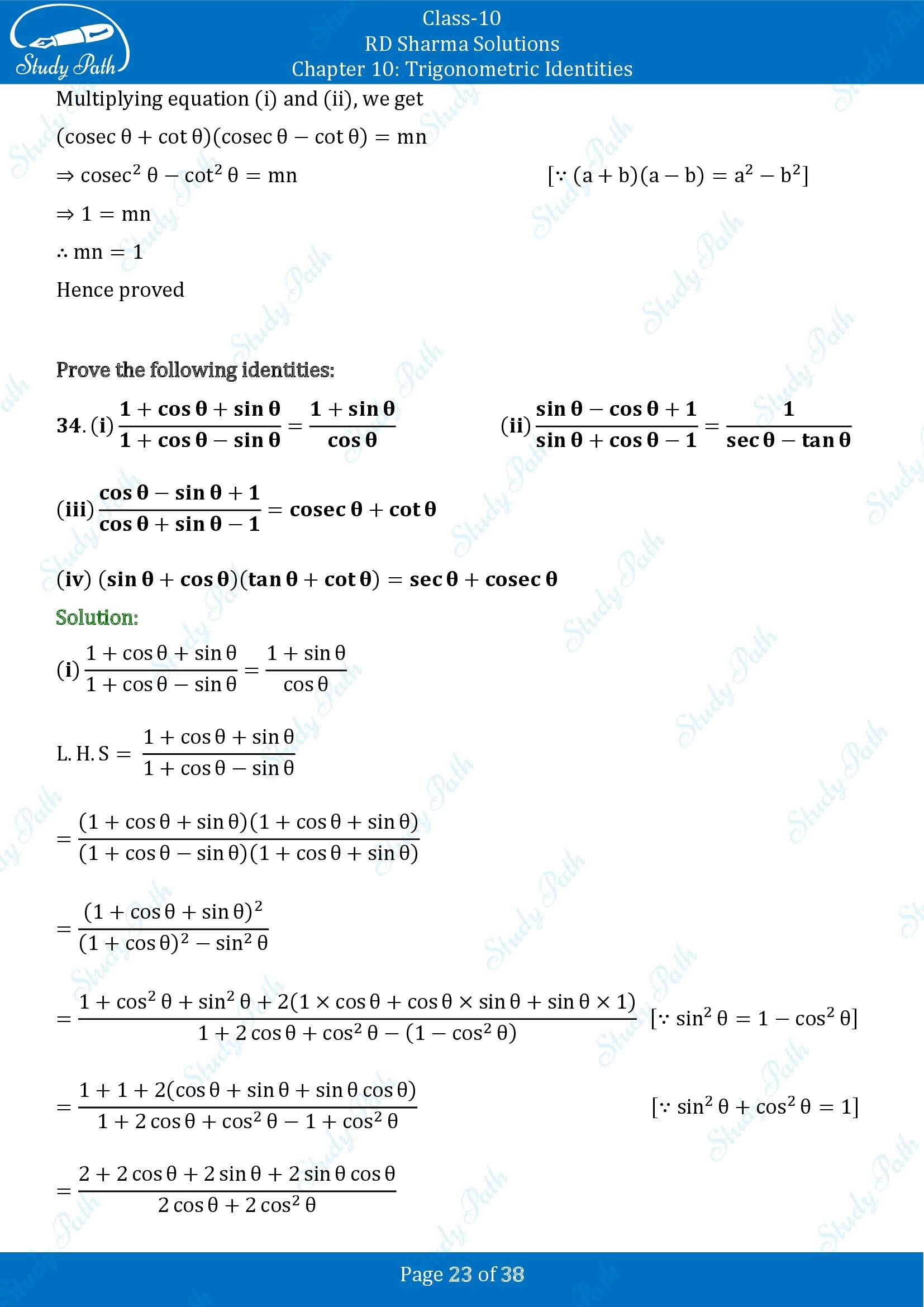 RD Sharma Solutions Class 10 Chapter 10 Trigonometric Identities Exercise 10.1 00023
