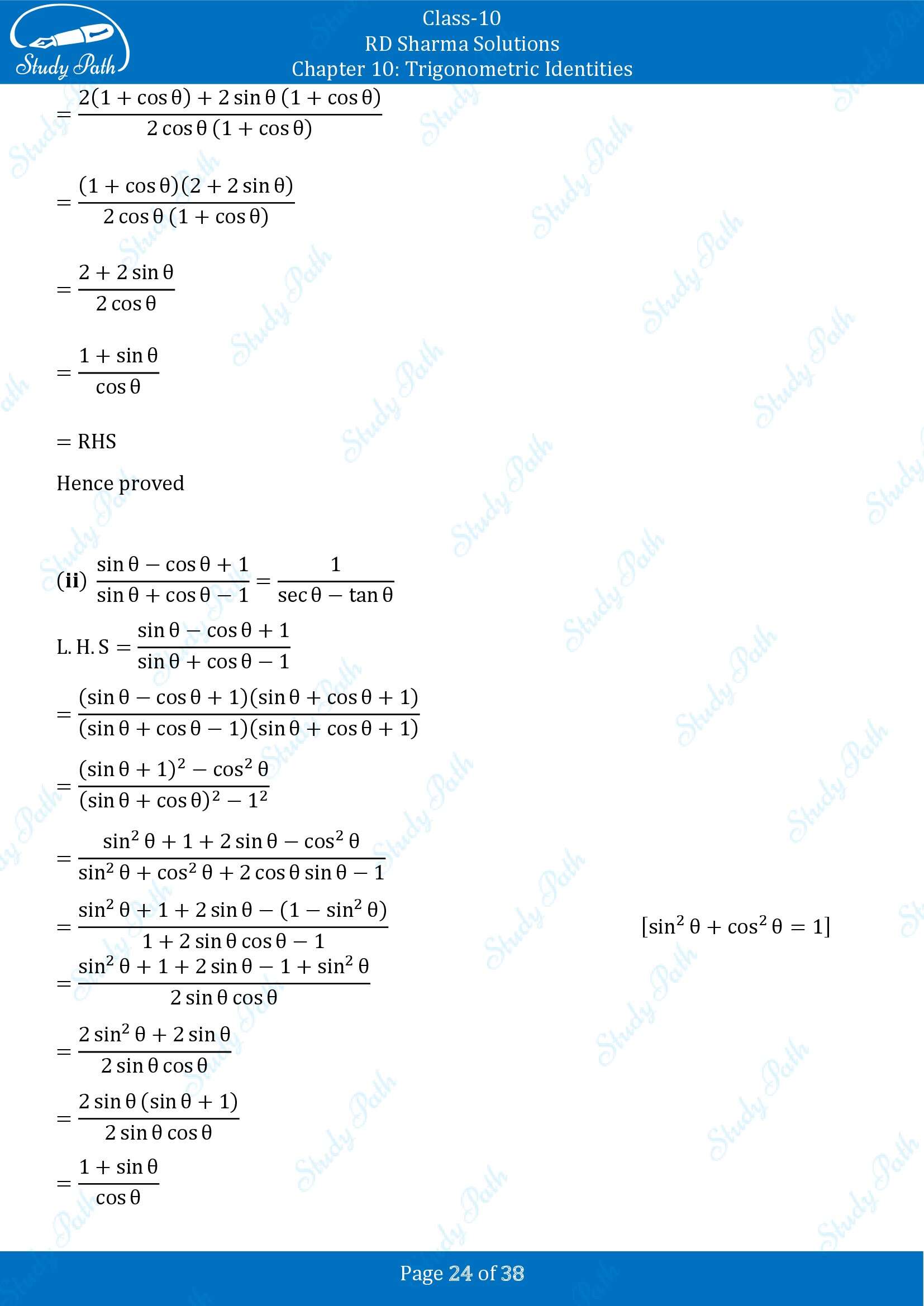 RD Sharma Solutions Class 10 Chapter 10 Trigonometric Identities Exercise 10.1 00024