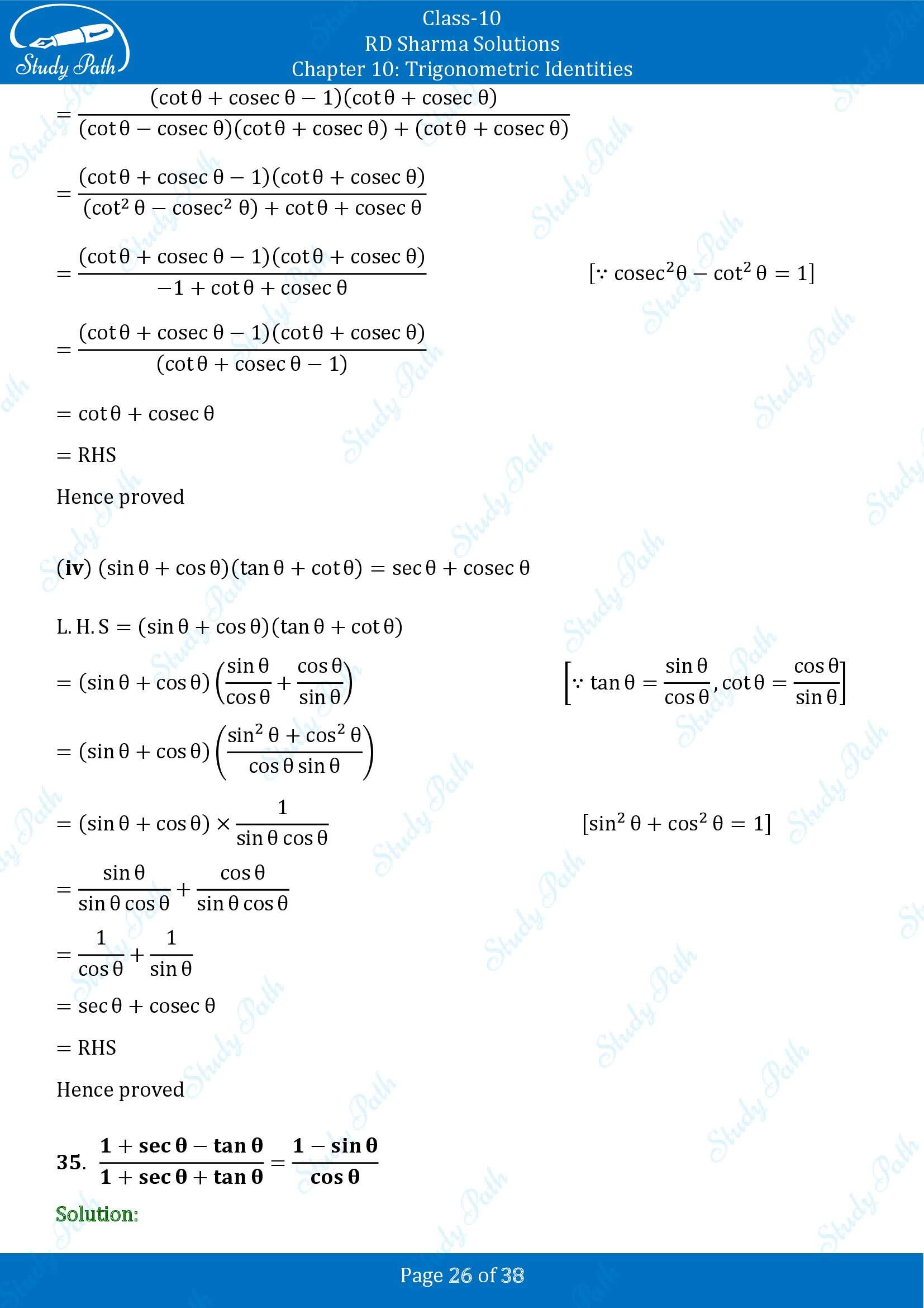 RD Sharma Solutions Class 10 Chapter 10 Trigonometric Identities Exercise 10.1 00026