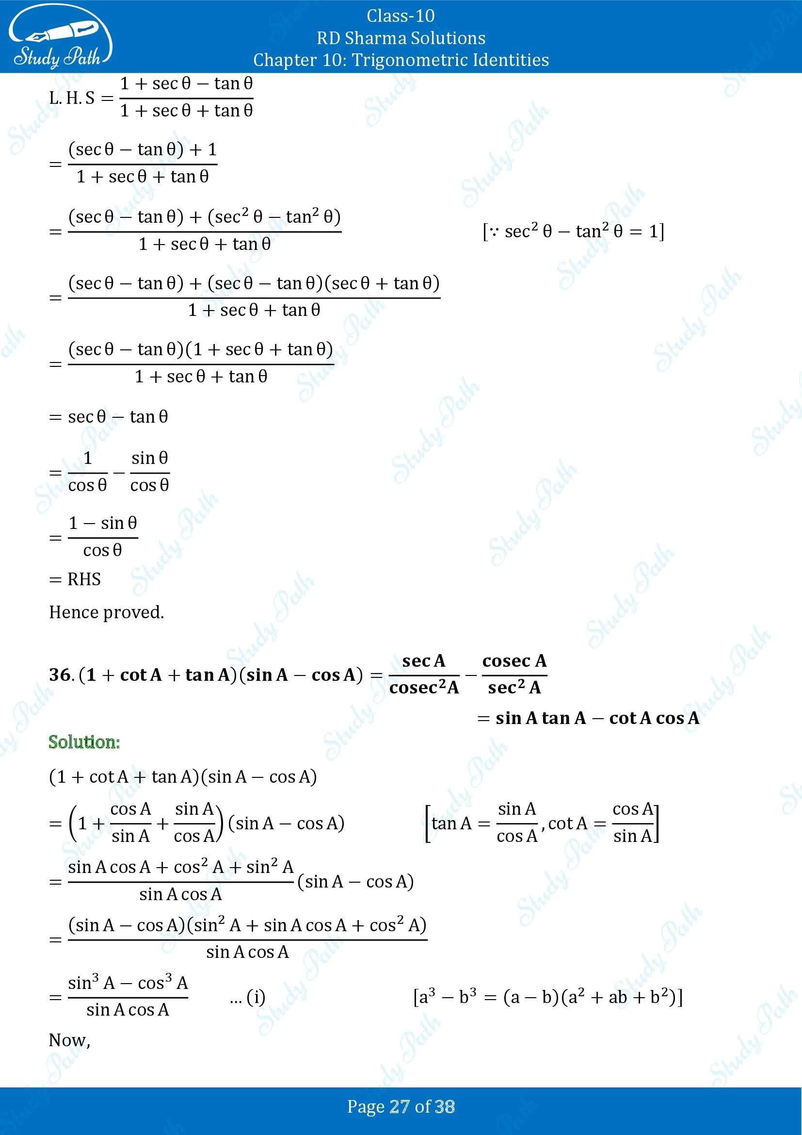 RD Sharma Solutions Class 10 Chapter 10 Trigonometric Identities Exercise 10.1 00027