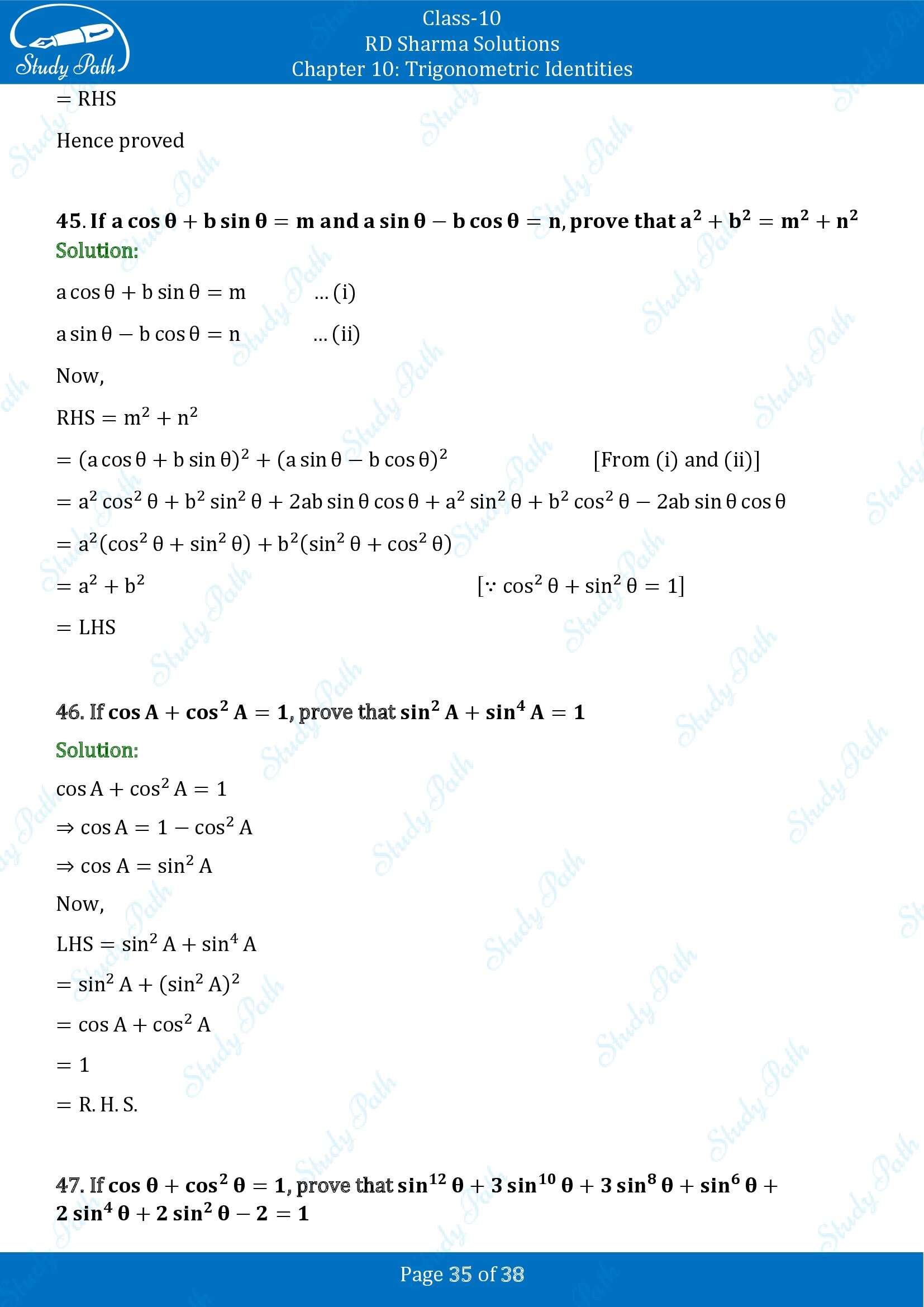 RD Sharma Solutions Class 10 Chapter 10 Trigonometric Identities Exercise 10.1 00035