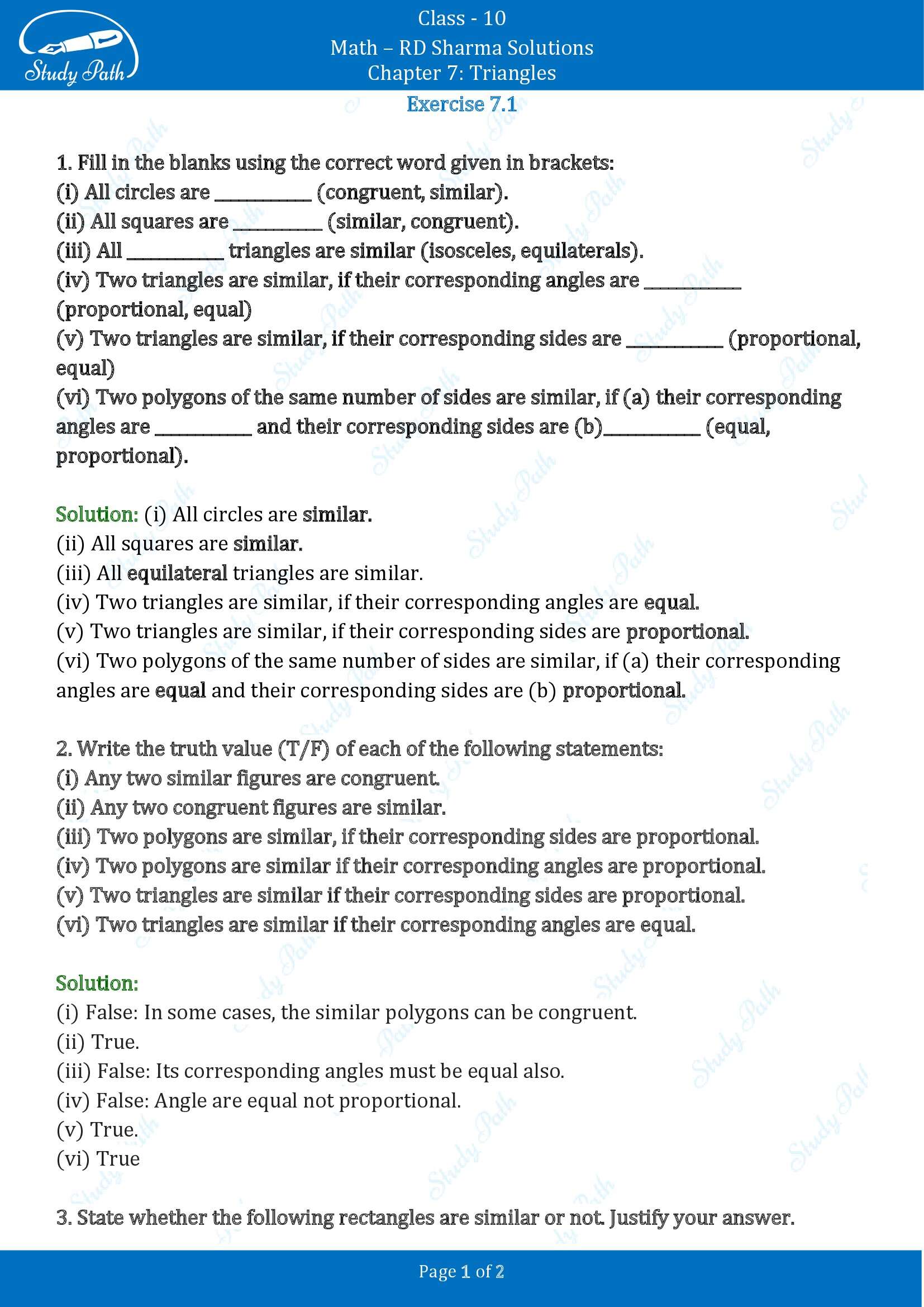 RD Sharma Solutions Class 10 Chapter 7 Triangles Exercise 7.1 00001