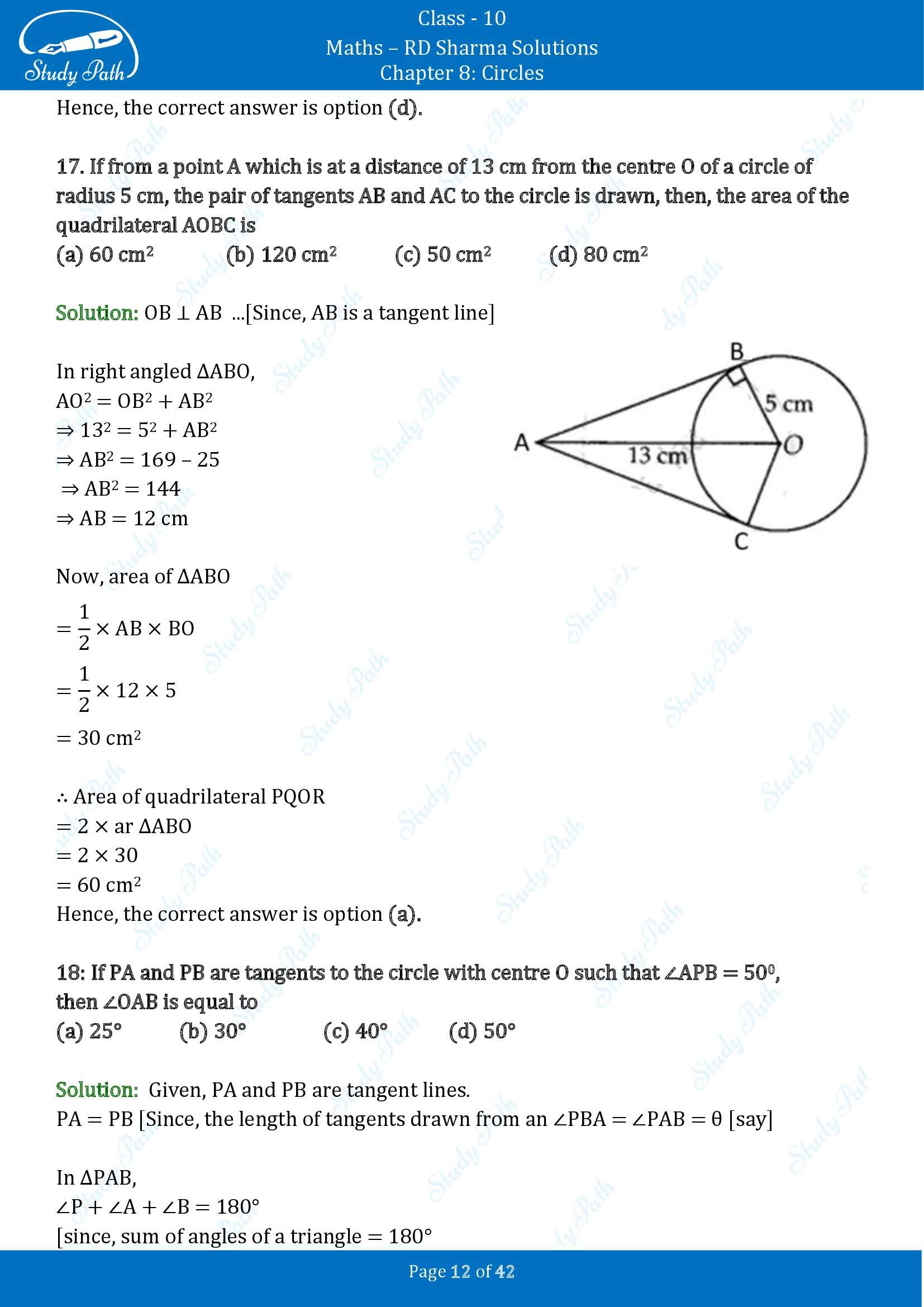 RD Sharma Solutions Class 10 Chapter 8 Circles Multiple Choice Questions MCQs 00012