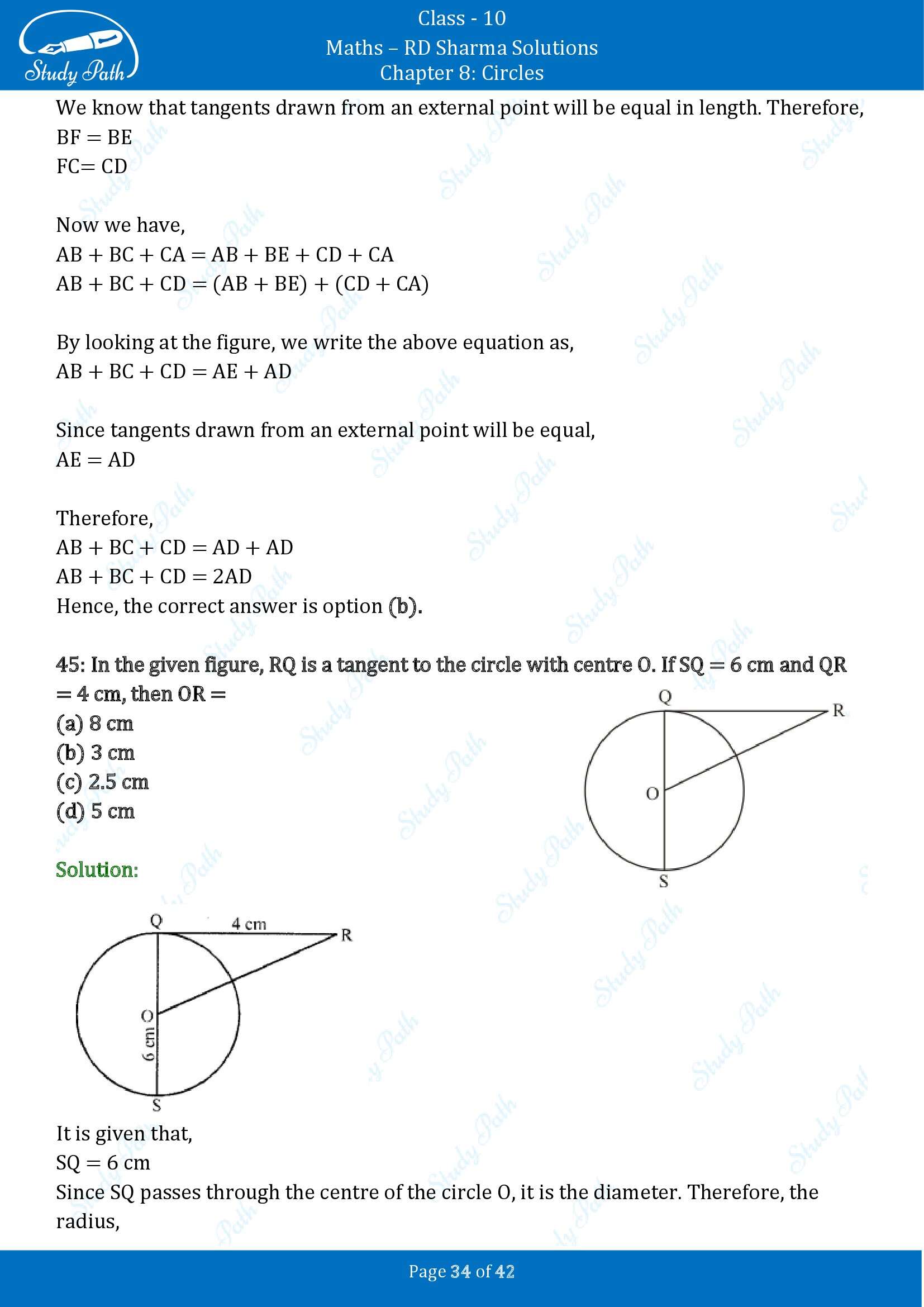 RD Sharma Solutions Class 10 Chapter 8 Circles Multiple Choice Questions MCQs 00034