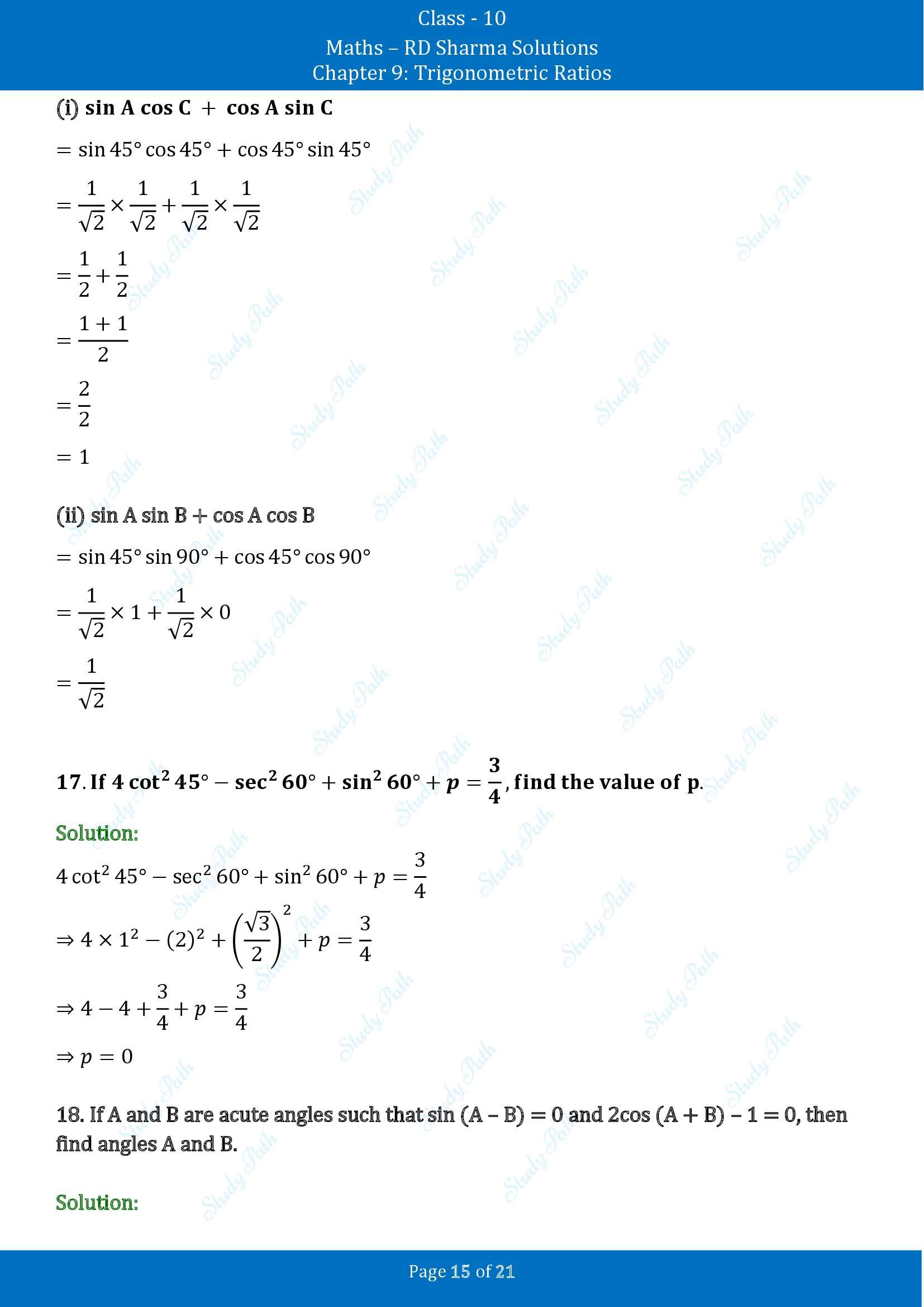 RD Sharma Solutions Class 10 Chapter 9 Trigonometric Ratios Exercise 9.2 00015