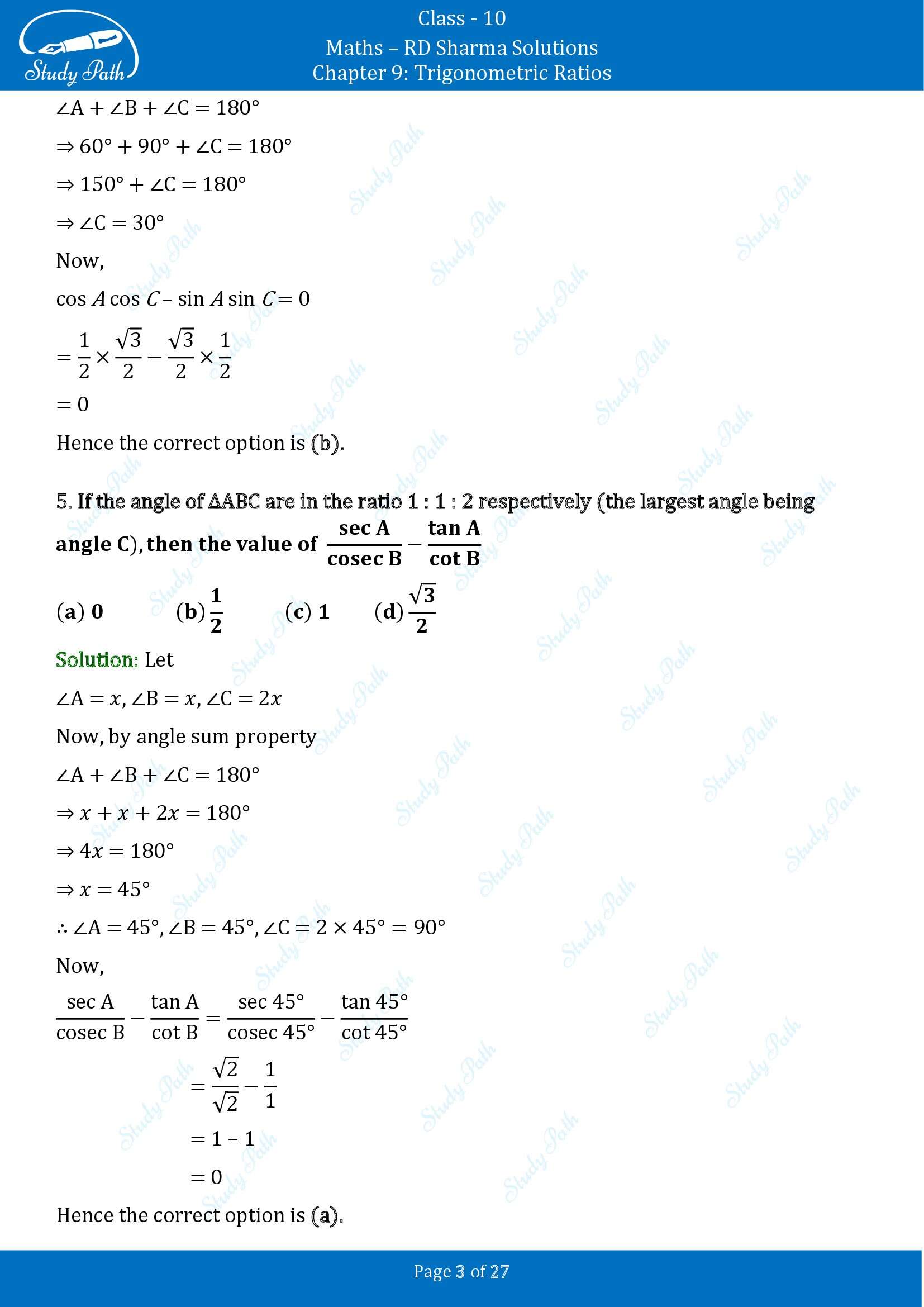 RD Sharma Solutions Class 10 Chapter 9 Trigonometric Ratios Multiple Choice Questions MCQs 00003