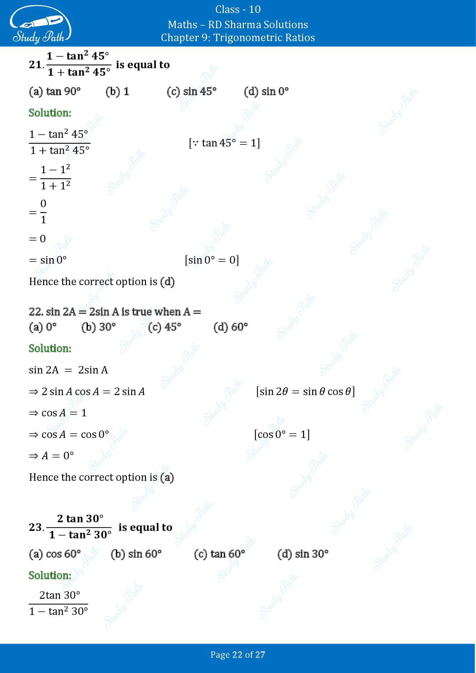 RD Sharma Solutions Class 10 Chapter 9 Trigonometric Ratios Multiple Choice Questions MCQs 00022