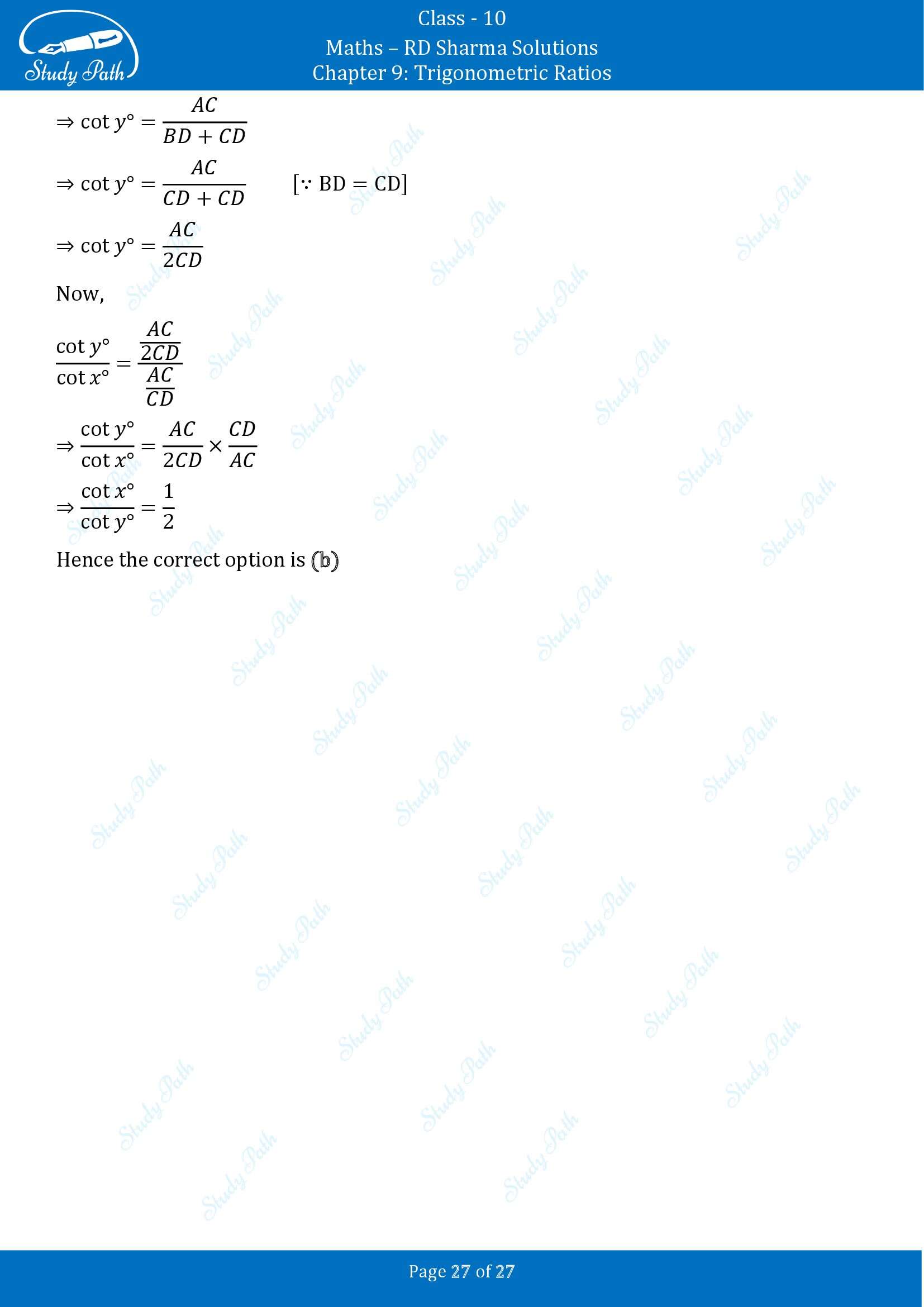 RD Sharma Solutions Class 10 Chapter 9 Trigonometric Ratios Multiple Choice Questions MCQs 00027
