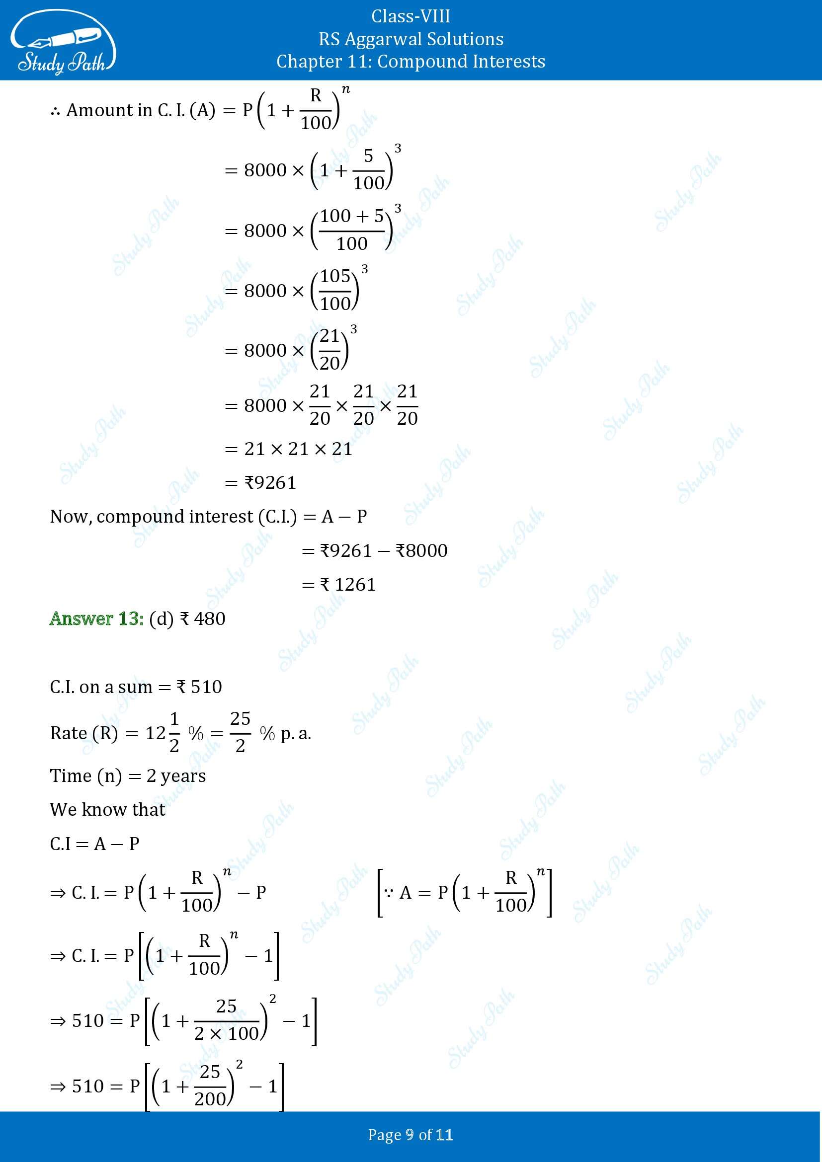 RS Aggarwal Solutions Class 8 Chapter 11 Compound Interests Exercise 11D MCQs 00009