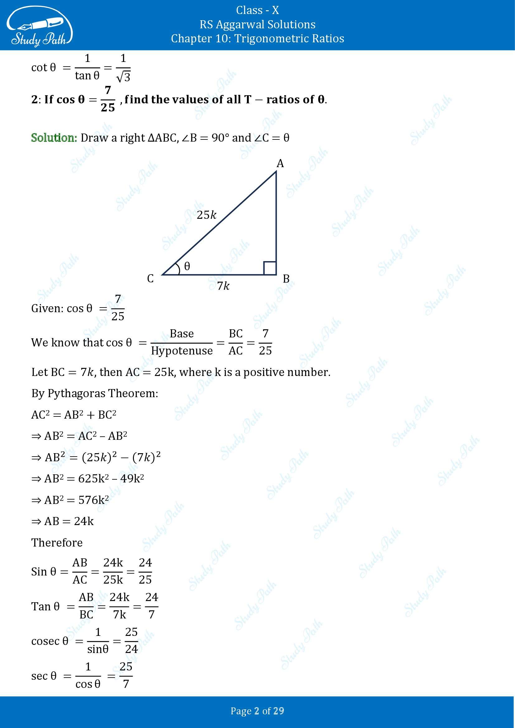 RS Aggarwal Solutions for Class 10 Chapter 10 Trigonometric Ratios Exercise 10 00002