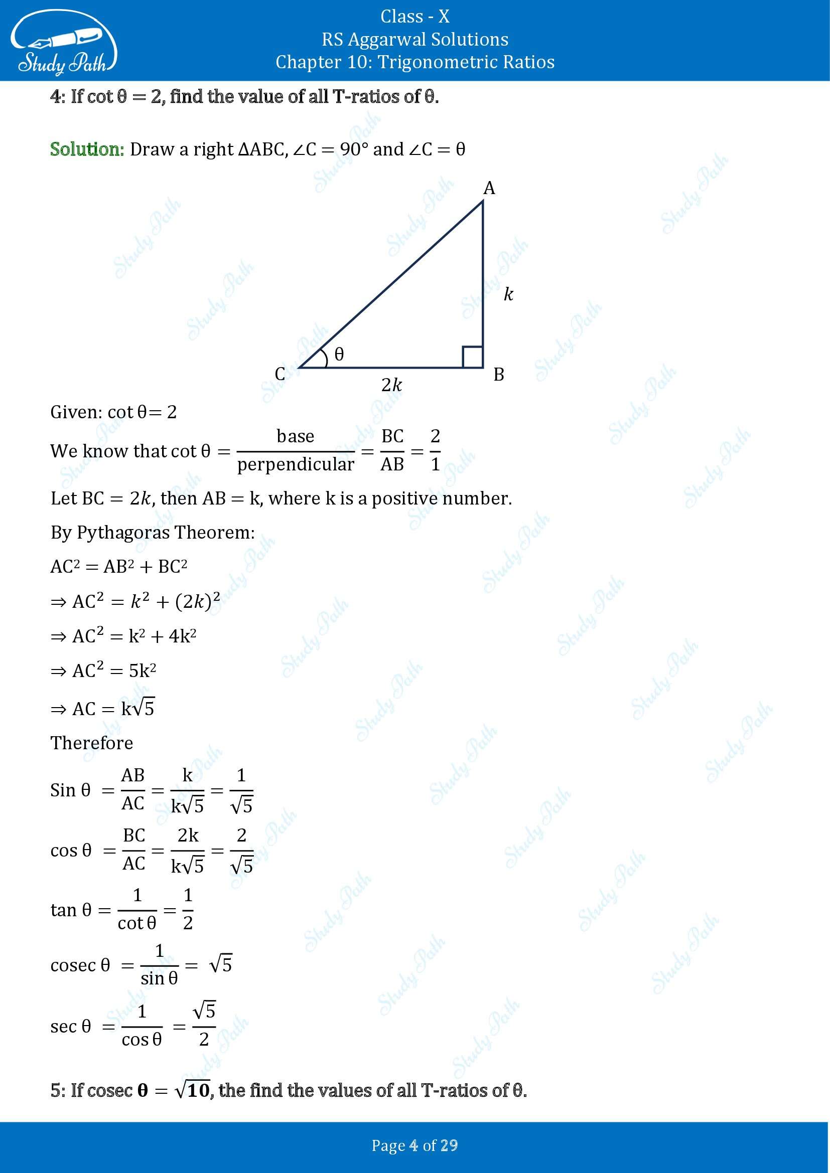 RS Aggarwal Solutions for Class 10 Chapter 10 Trigonometric Ratios Exercise 10 00004