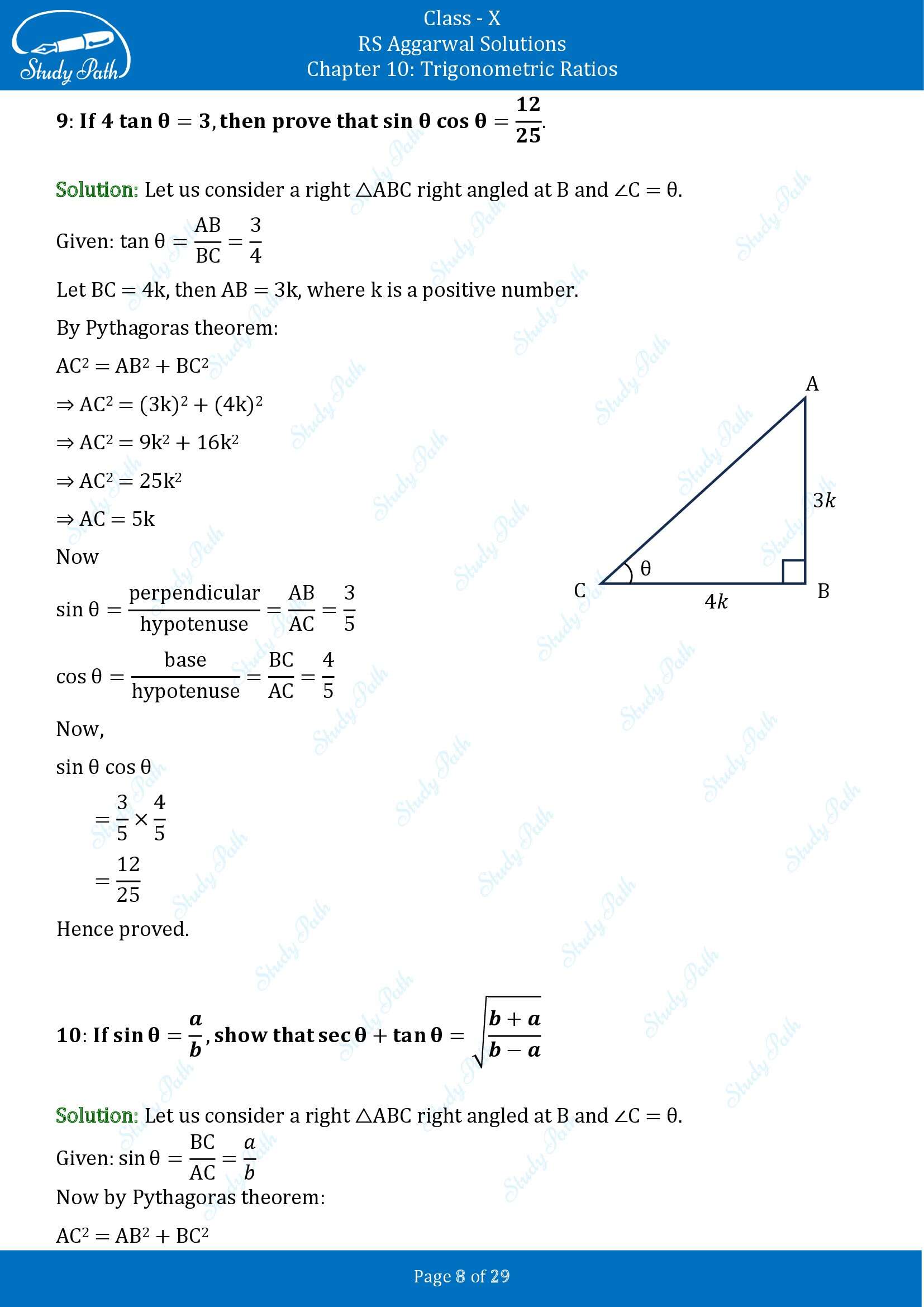 RS Aggarwal Solutions for Class 10 Chapter 10 Trigonometric Ratios Exercise 10 00008
