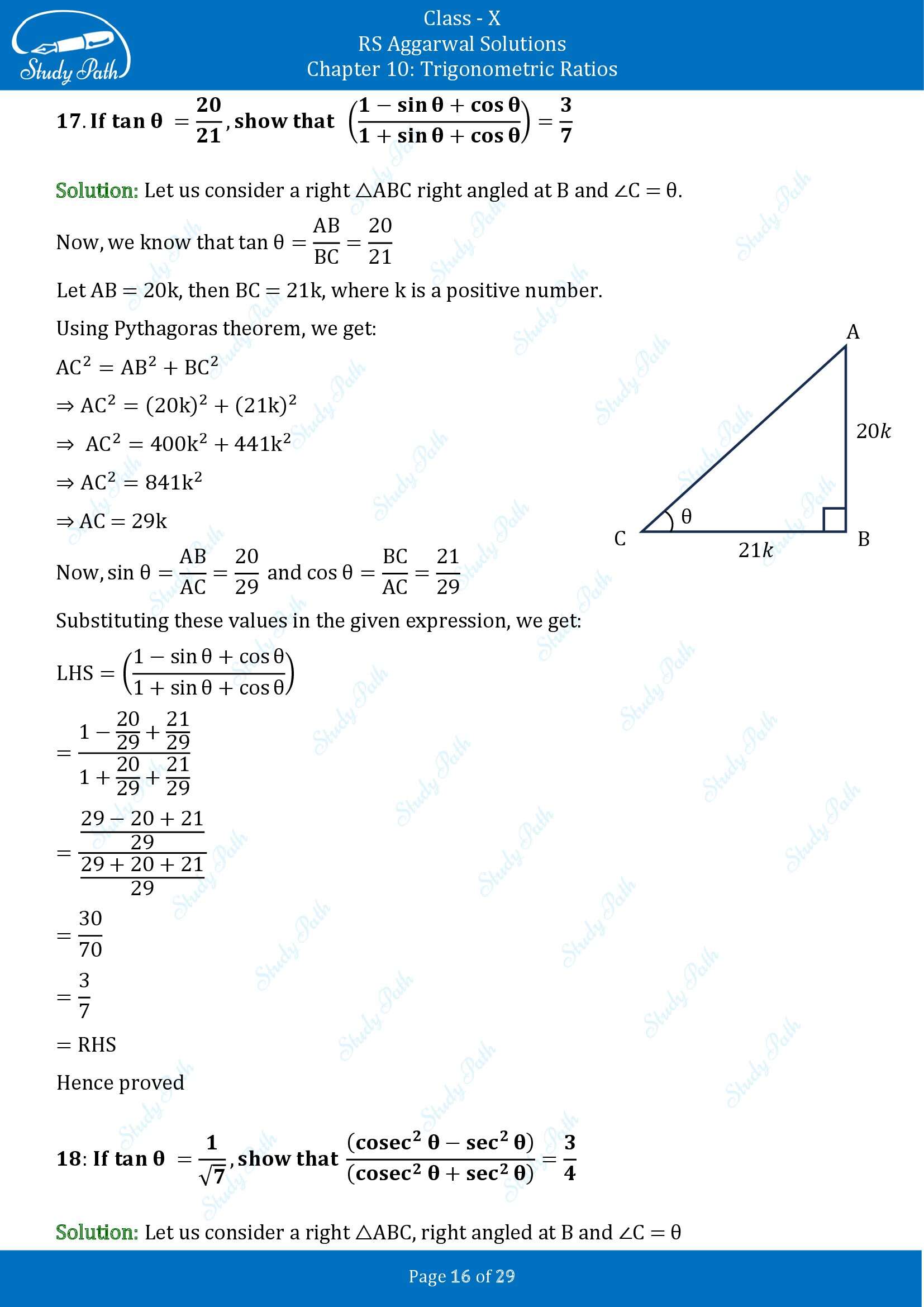 RS Aggarwal Solutions for Class 10 Chapter 10 Trigonometric Ratios Exercise 10 00016