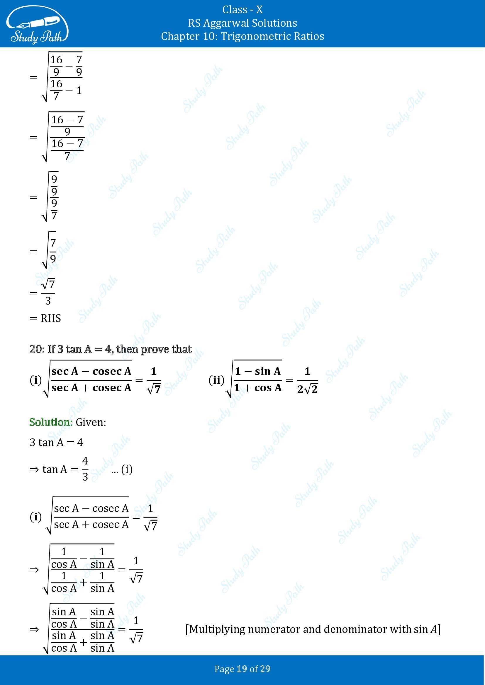 RS Aggarwal Solutions for Class 10 Chapter 10 Trigonometric Ratios Exercise 10 00019