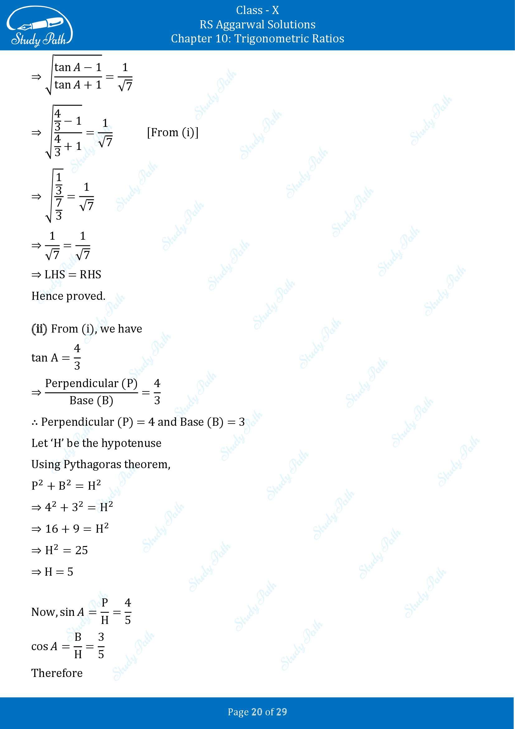 RS Aggarwal Solutions for Class 10 Chapter 10 Trigonometric Ratios Exercise 10 00020