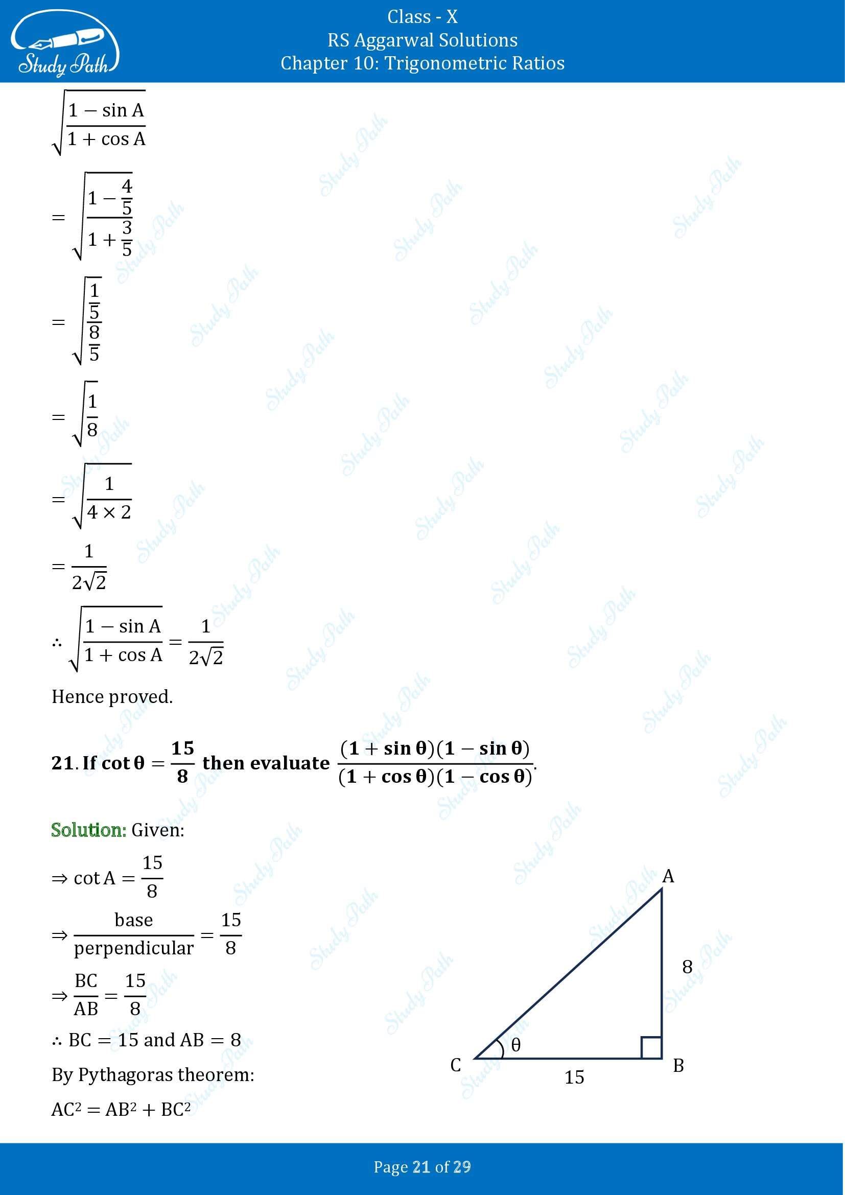 RS Aggarwal Solutions for Class 10 Chapter 10 Trigonometric Ratios Exercise 10 00021