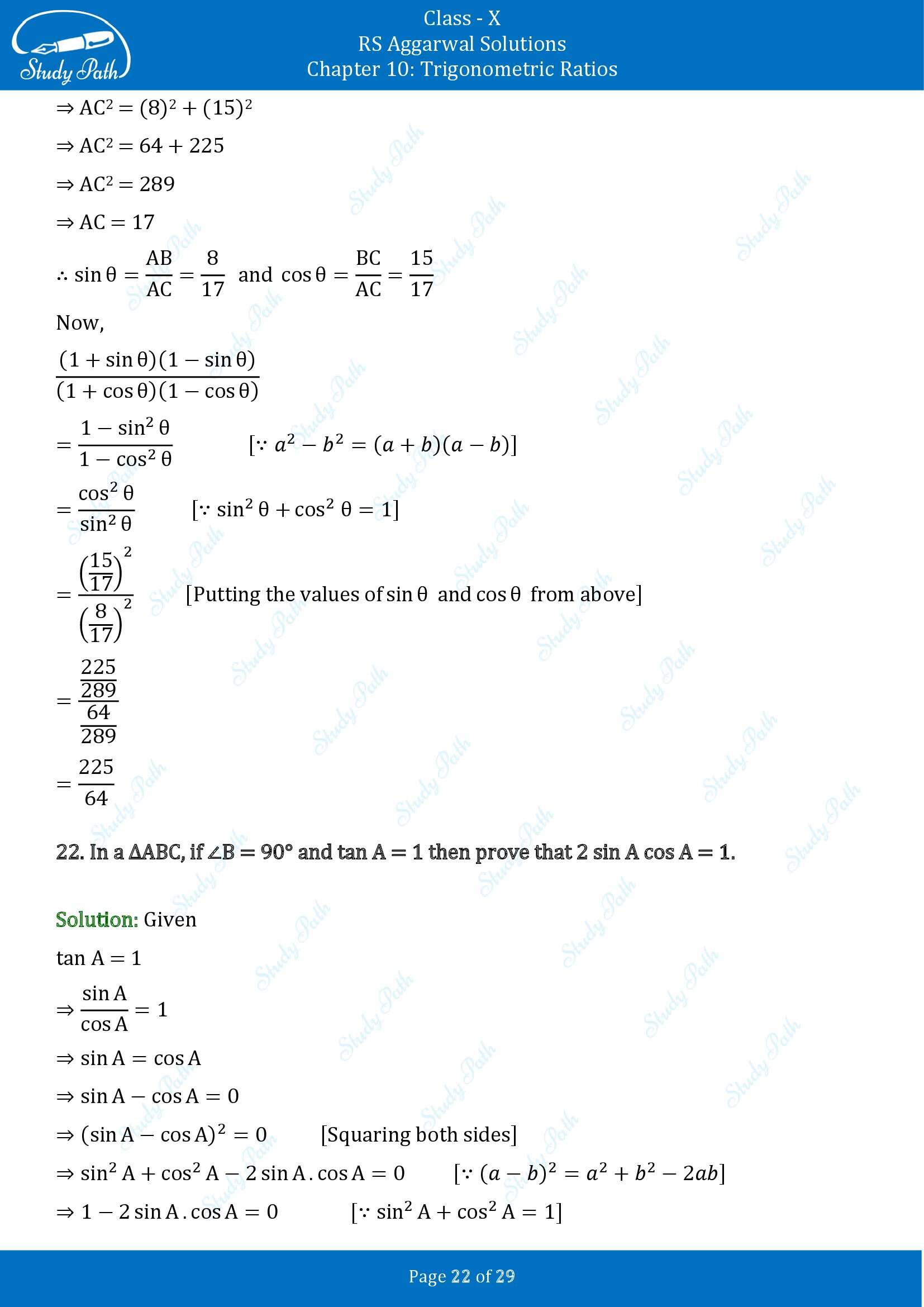 RS Aggarwal Solutions for Class 10 Chapter 10 Trigonometric Ratios Exercise 10 00022