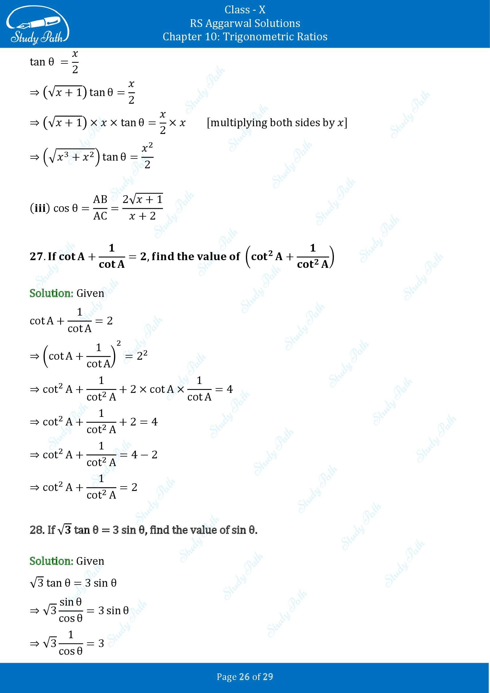 RS Aggarwal Solutions for Class 10 Chapter 10 Trigonometric Ratios Exercise 10 00026
