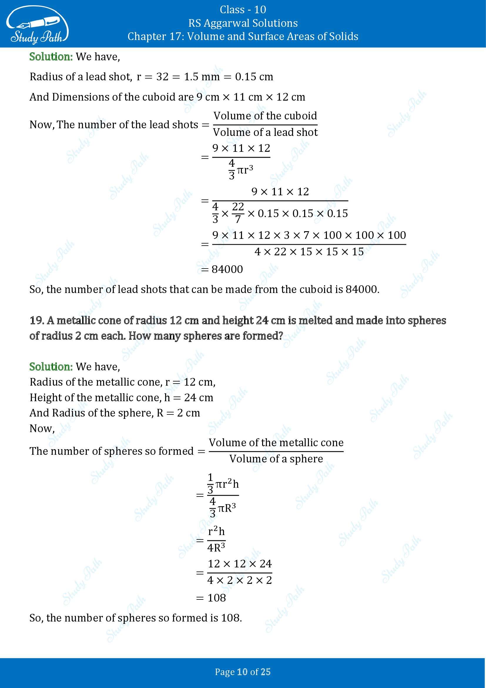 RS Aggarwal Solutions for Class 10 Chapter 17 Volume and Surface Areas of Solids Exercise 17D 00010