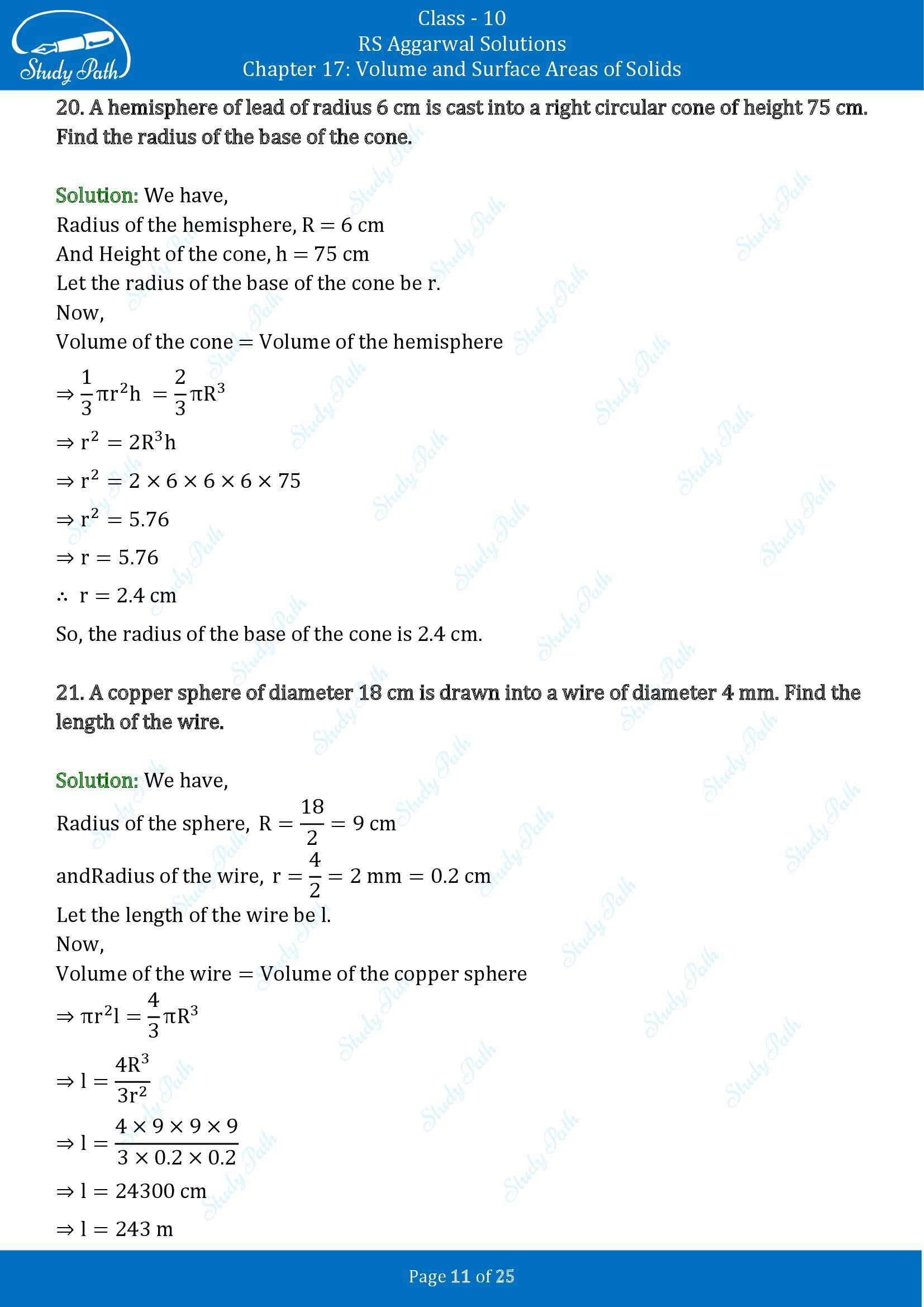 RS Aggarwal Solutions for Class 10 Chapter 17 Volume and Surface Areas of Solids Exercise 17D 00011