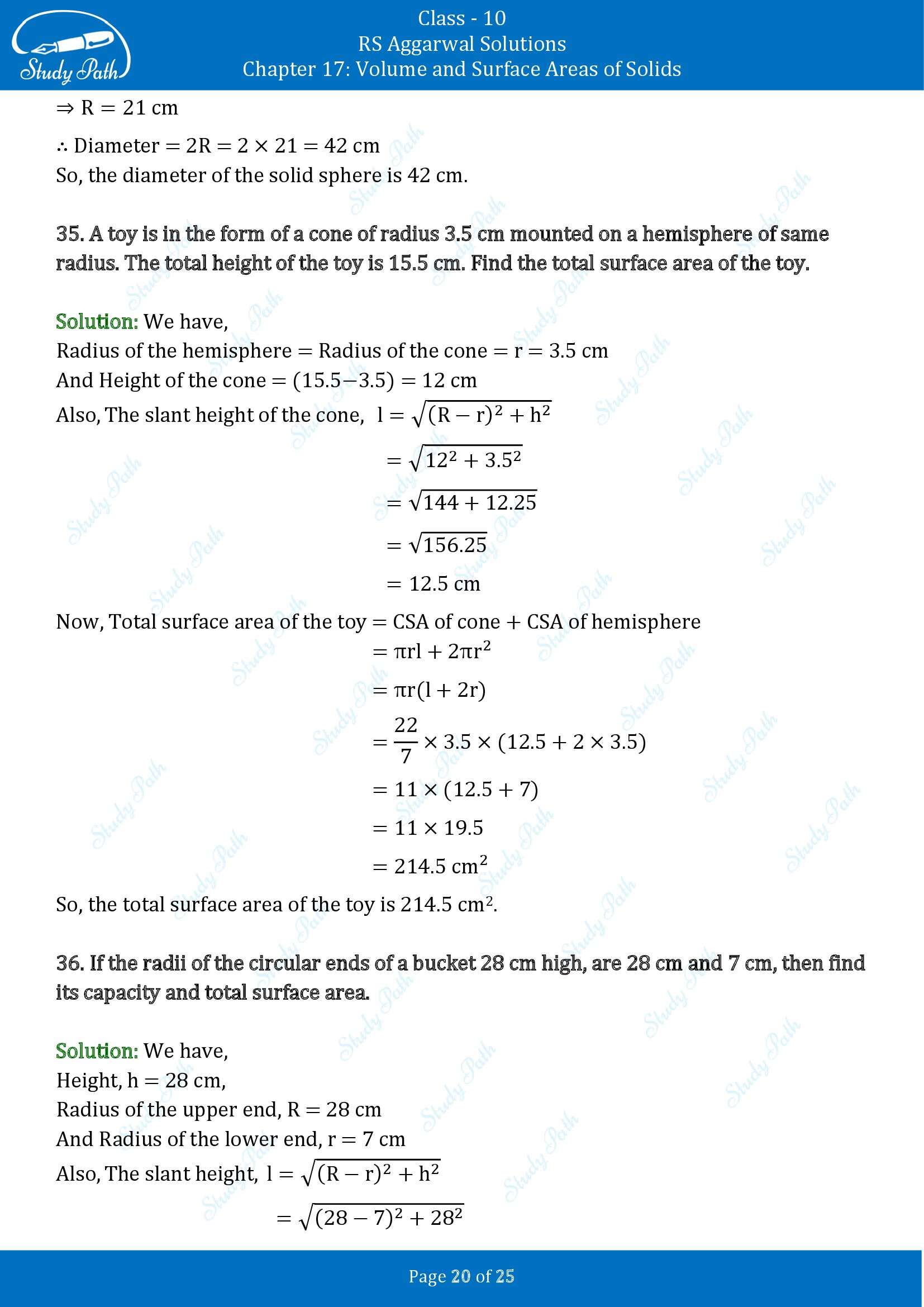 RS Aggarwal Solutions for Class 10 Chapter 17 Volume and Surface Areas of Solids Exercise 17D 00020