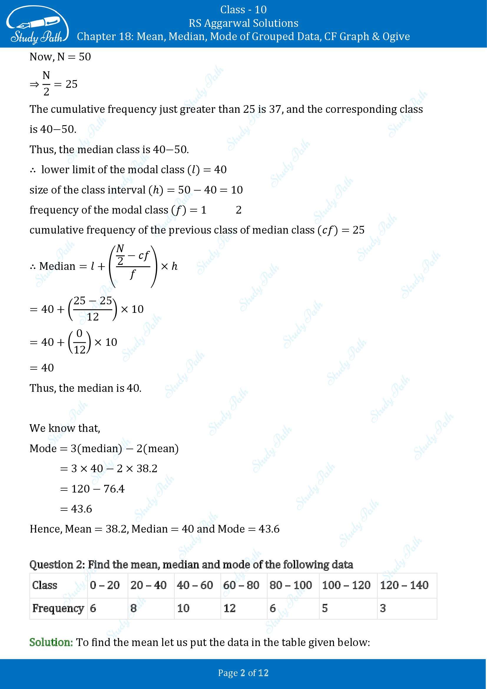 RS Aggarwal Solutions for Class 10 Chapter 18 Mean Median Mode CF and Ogive Exercise 18D 00002