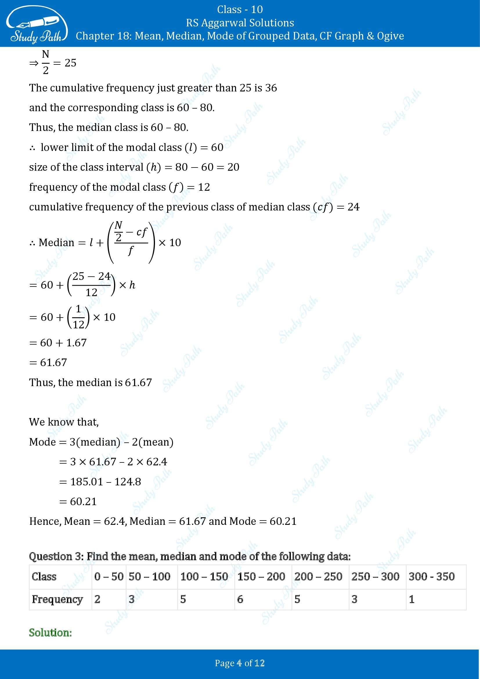 RS Aggarwal Solutions for Class 10 Chapter 18 Mean Median Mode CF and Ogive Exercise 18D 00004