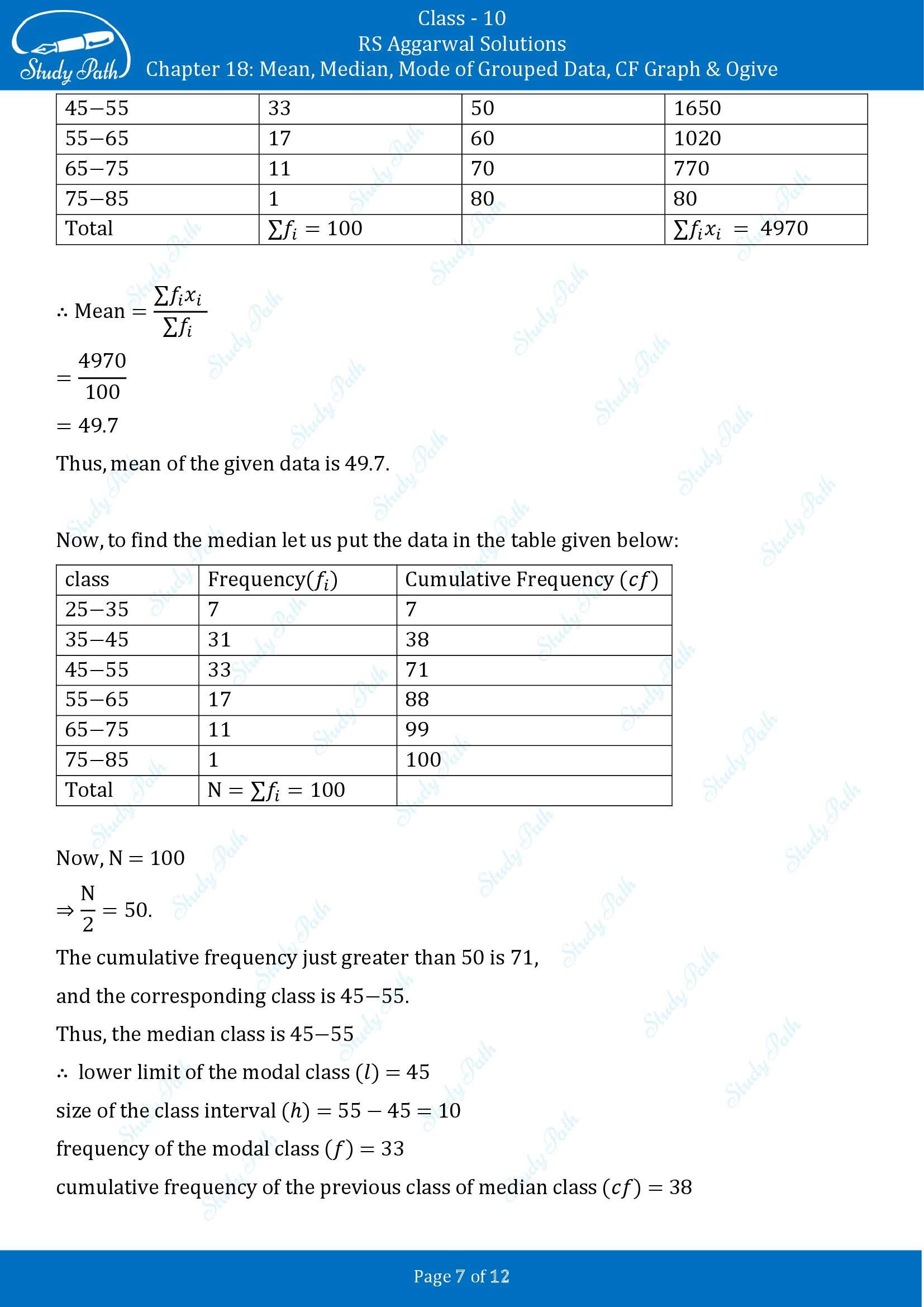 RS Aggarwal Solutions for Class 10 Chapter 18 Mean Median Mode CF and Ogive Exercise 18D 00007